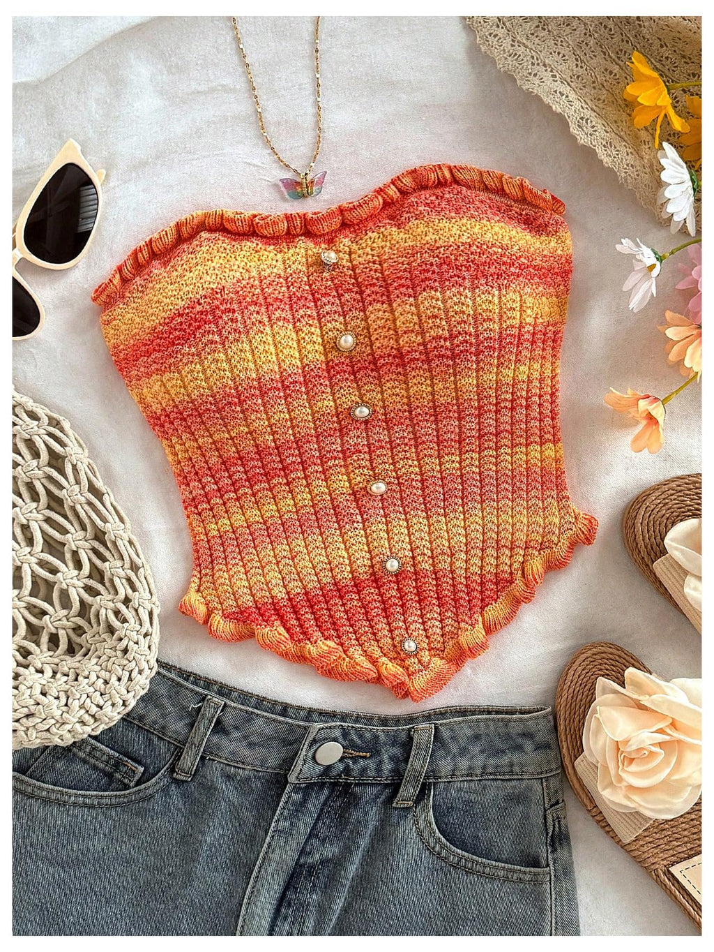 Women's Pearl Strapless Tops Summer Asymmetrical Tube Tops