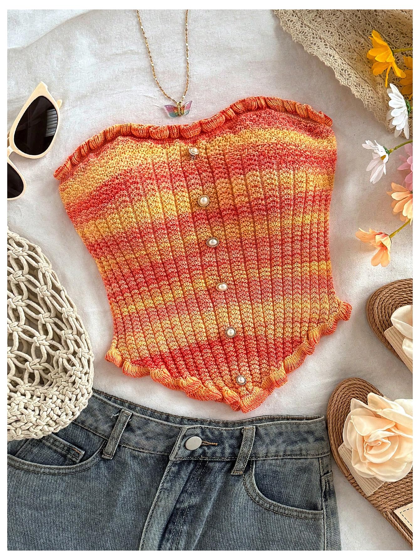 Women's Pearl Strapless Tops Summer Asymmetrical Tube Tops