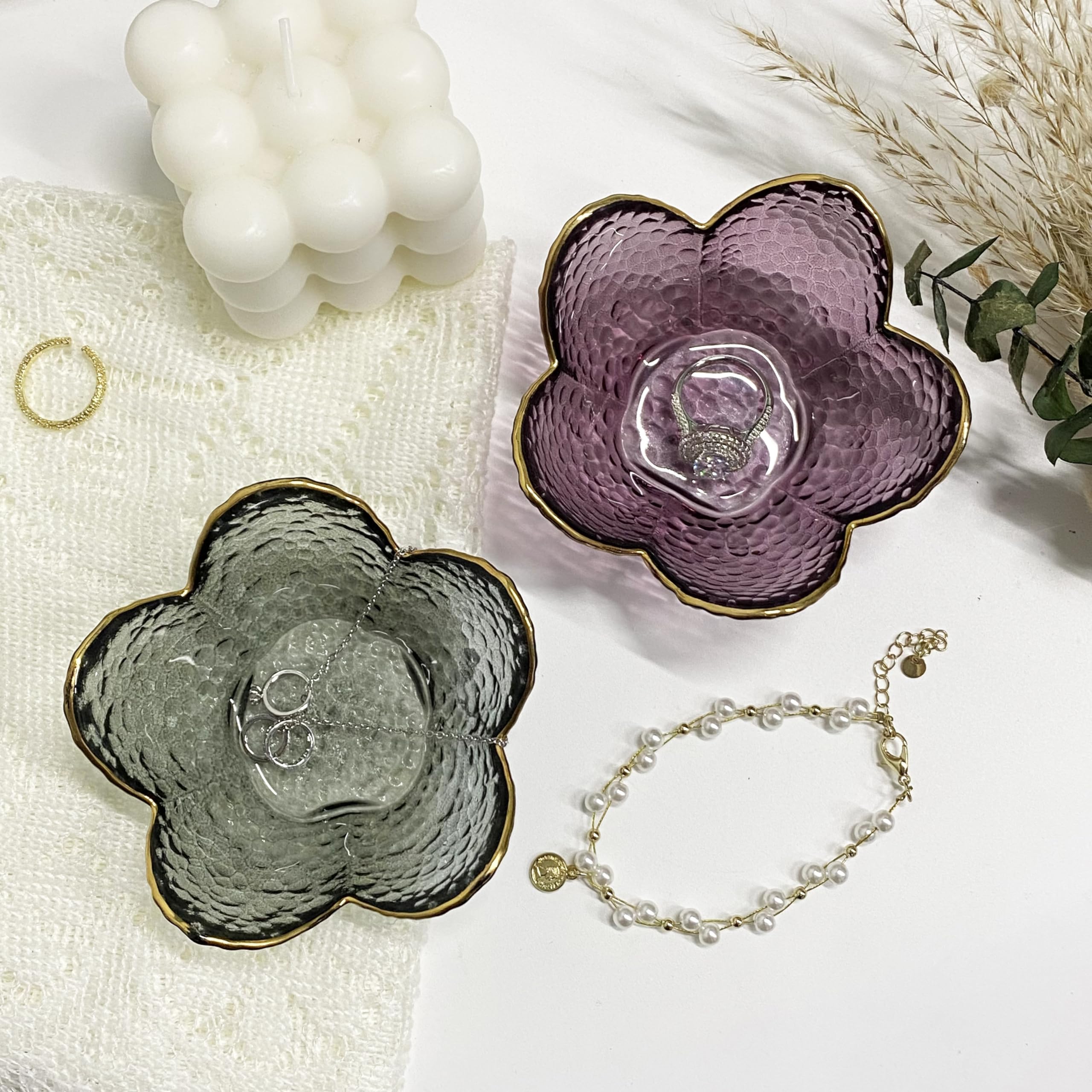 Flower Ring Dish Jewelry Tray, Decorative Glass Trinket Dish, Modern Accent Tray for Vanity Home Décor