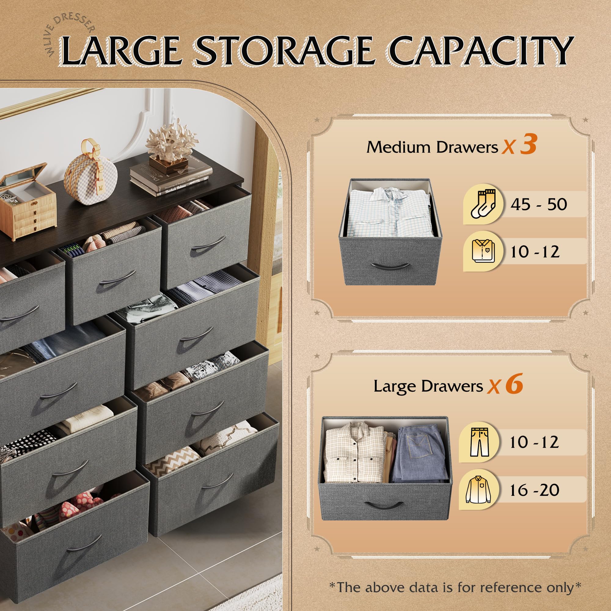 Drawer Fabric 9 Dresser â€?Tall Storage Tower with Bins, Steel Frame, and Wood Top