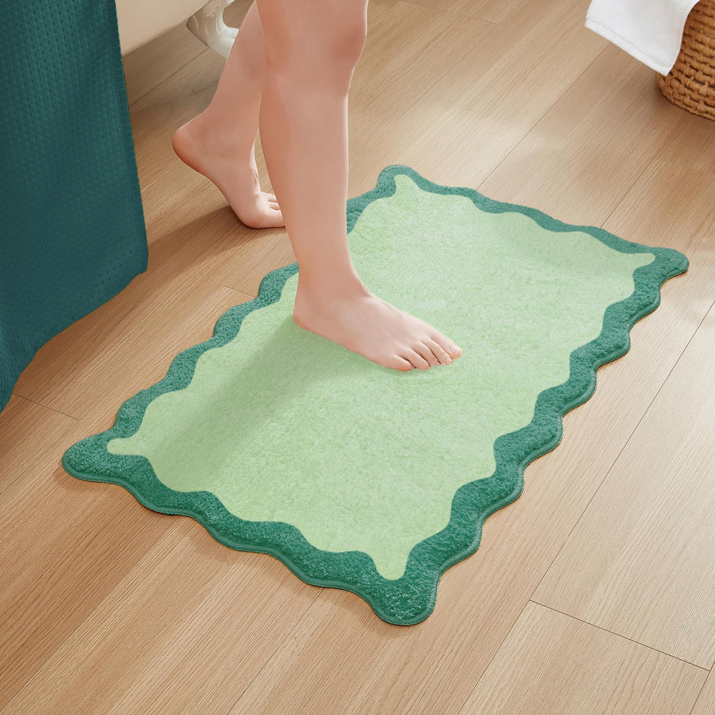 Wavy Bath Mat with Scalloped Ripple Design, Microfiber Absorbent Non Slip Tufted Rug