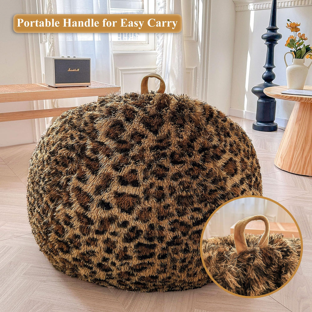 Faux Fur Leopard Print Bean Bag Chair Cover (No Filler), Fluffy Stuffed Animal Storage Cheetah Bean Bag Home Decor, Furry Fuzzy Big Beanbag Cover, Anti-Slip