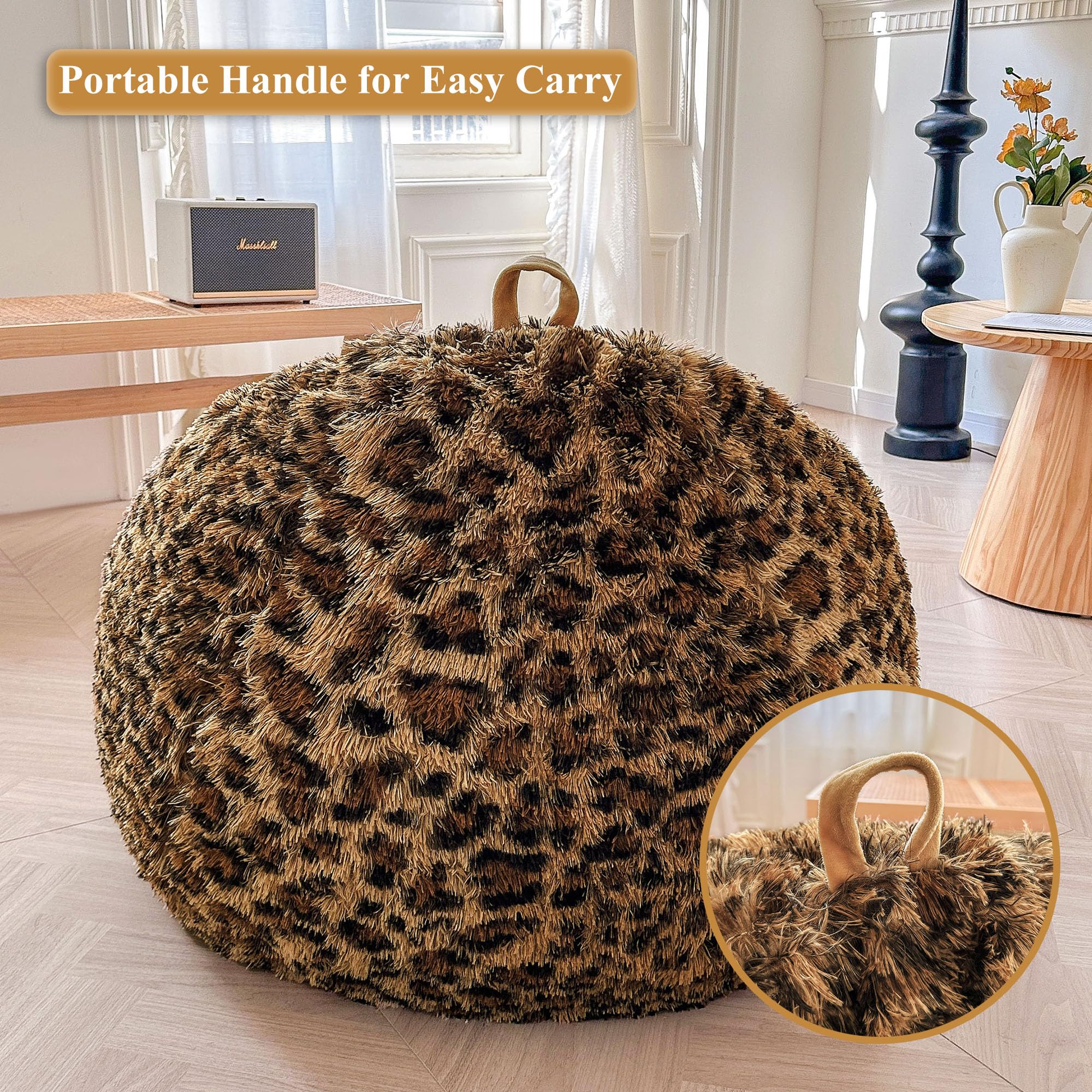 Faux Fur Leopard Print Bean Bag Chair Cover (No Filler), Fluffy Stuffed Animal Storage Cheetah Bean Bag Home Decor, Furry Fuzzy Big Beanbag Cover, Anti-Slip