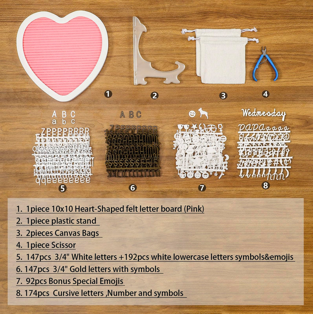 Heart-Shaped Felt Letter Board Message Sign, 10x10 inches Message Board with 465 Changeable Letters, Numbers and Cursive Words