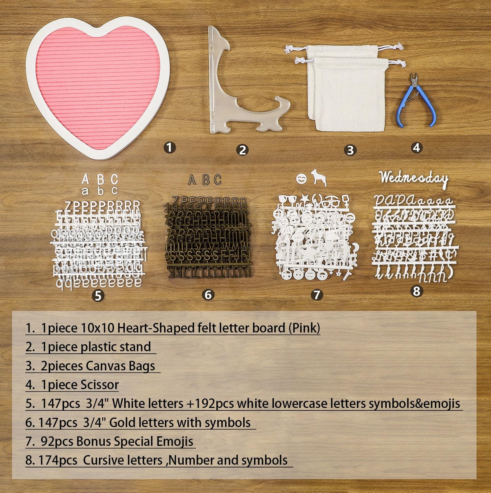 Heart-Shaped Felt Letter Board Message Sign, 10x10 inches Message Board with 465 Changeable Letters, Numbers and Cursive Words