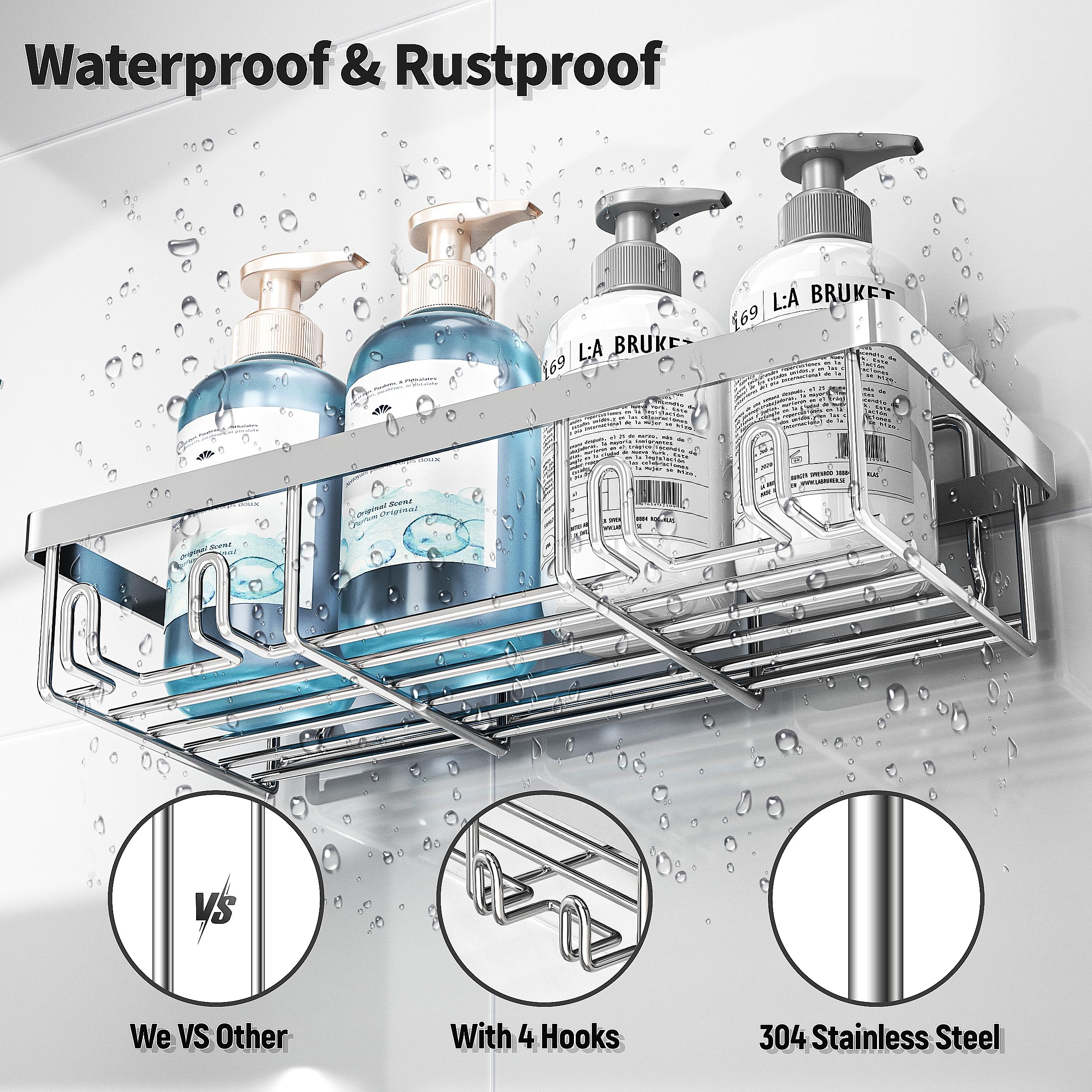 Shower Caddy Organizer Rack Shelf for Inside Shower, Adhesive Bathroom Wall Storage Basket Rustproof Stainless Steel