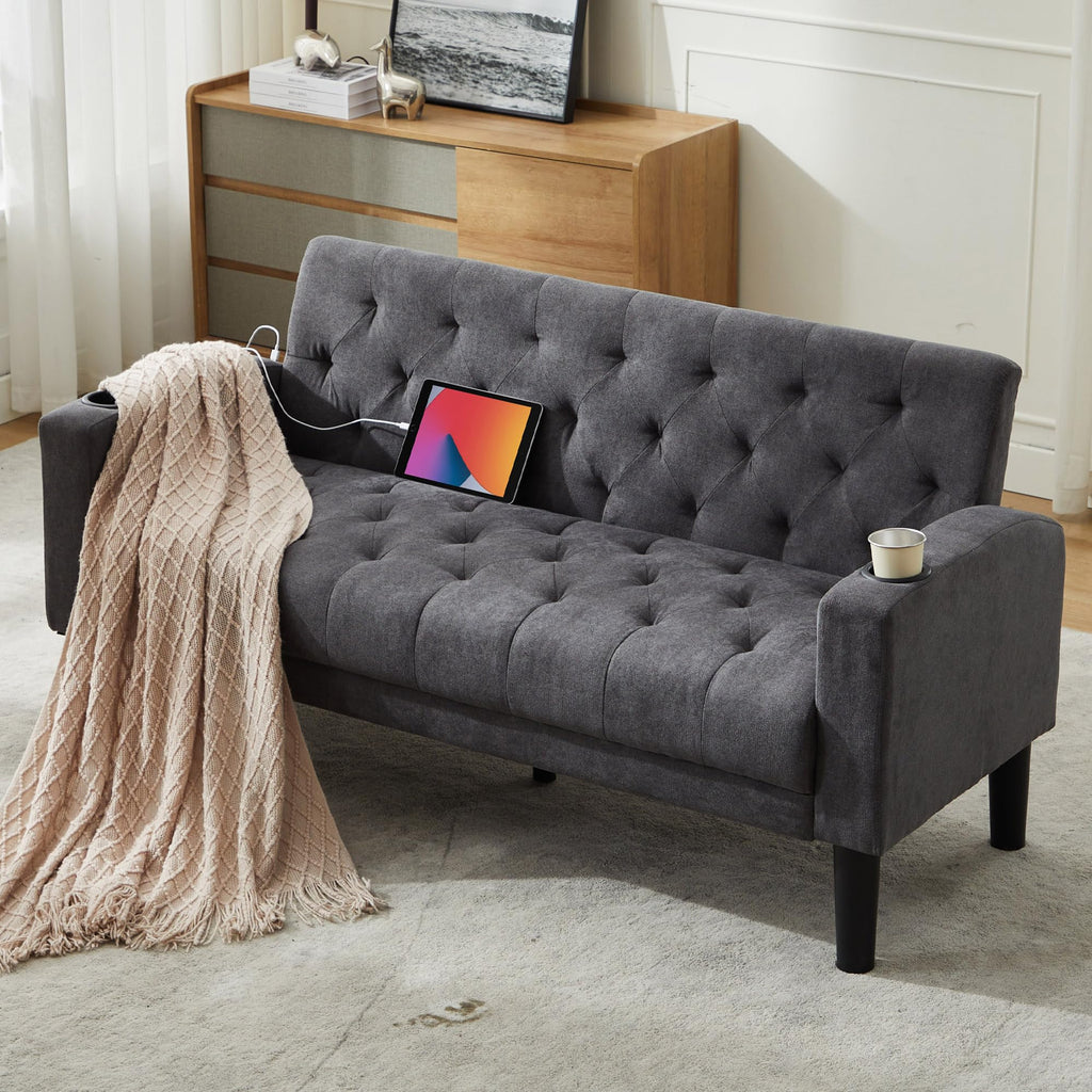 Velvet Loveseat Sofa w/ 2 USB Charger Ports and 2 Cupholders, Mid-Century Modern Tufted