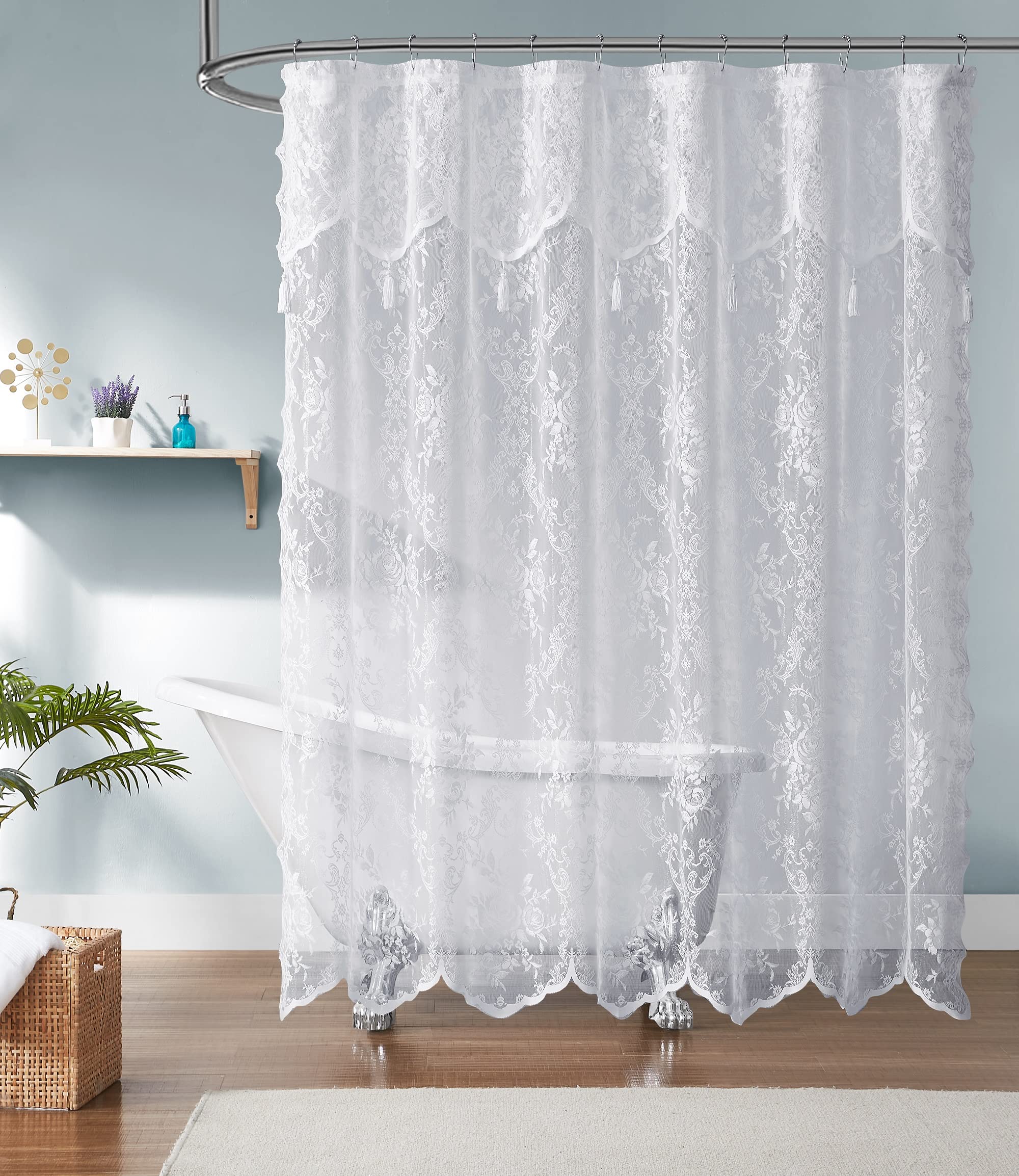 Luxury Lace Small Shower Curtain - Lace Shower Curtain with Attached Valance & Tassels