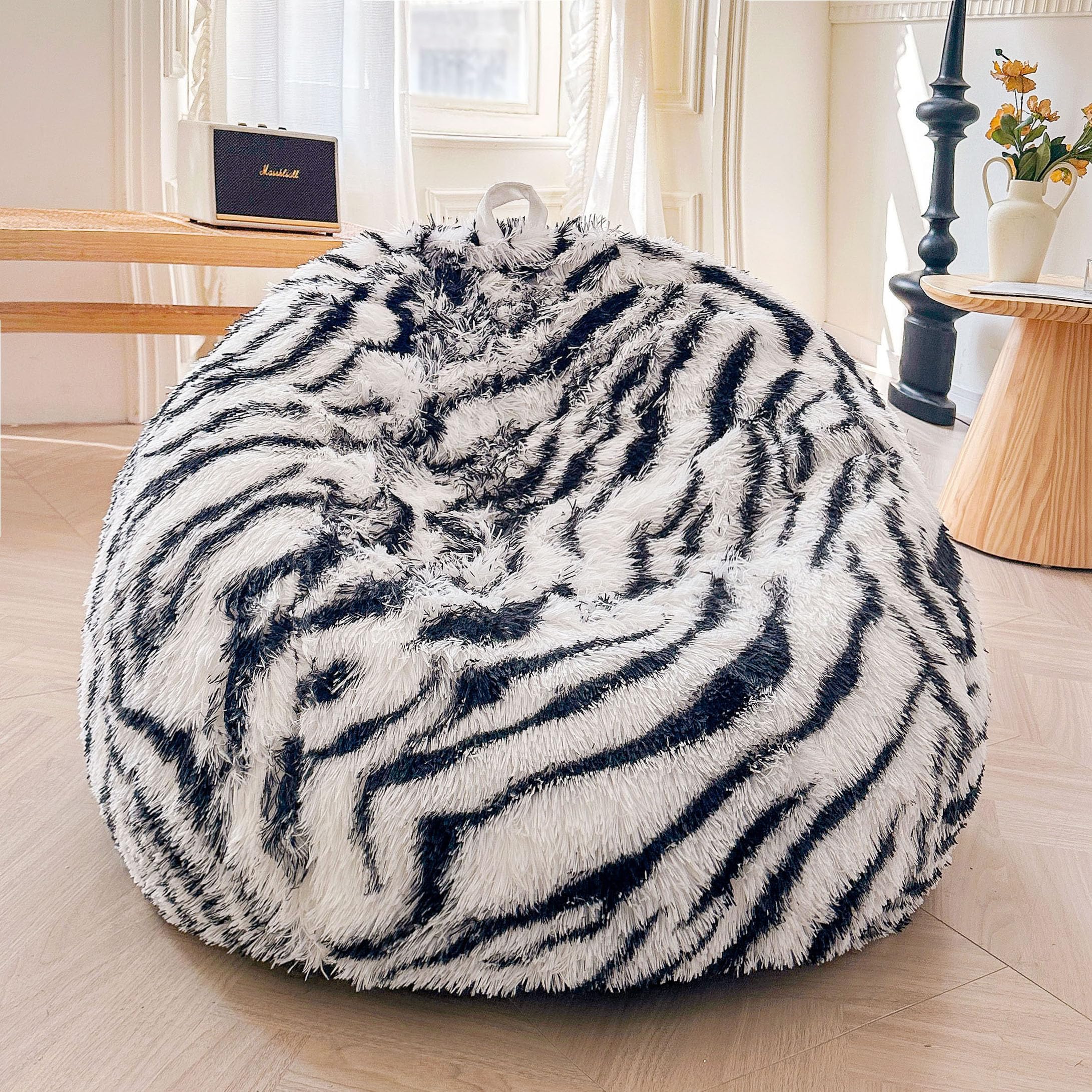 Faux Fur Leopard Print Bean Bag Chair Cover (No Filler), Fluffy Stuffed Animal Storage Cheetah Bean Bag Home Decor, Furry Fuzzy Big Beanbag Cover, Anti-Slip