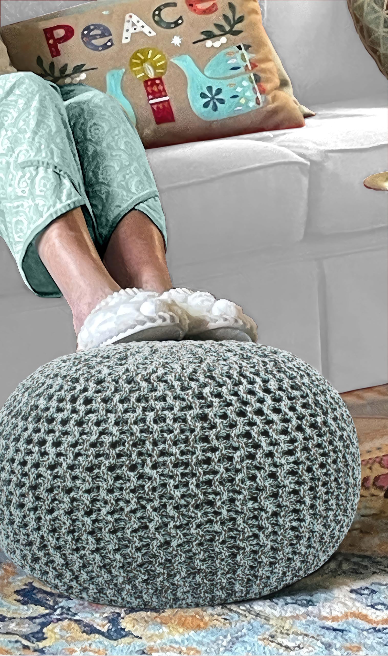 Hand-Knitted Cotton Round Pouf â€?Braid Cord Ottoman, Footrest, and Accent Seat for Living Room, Nursery, Kids Room, or Dorm Décor â€?20x14