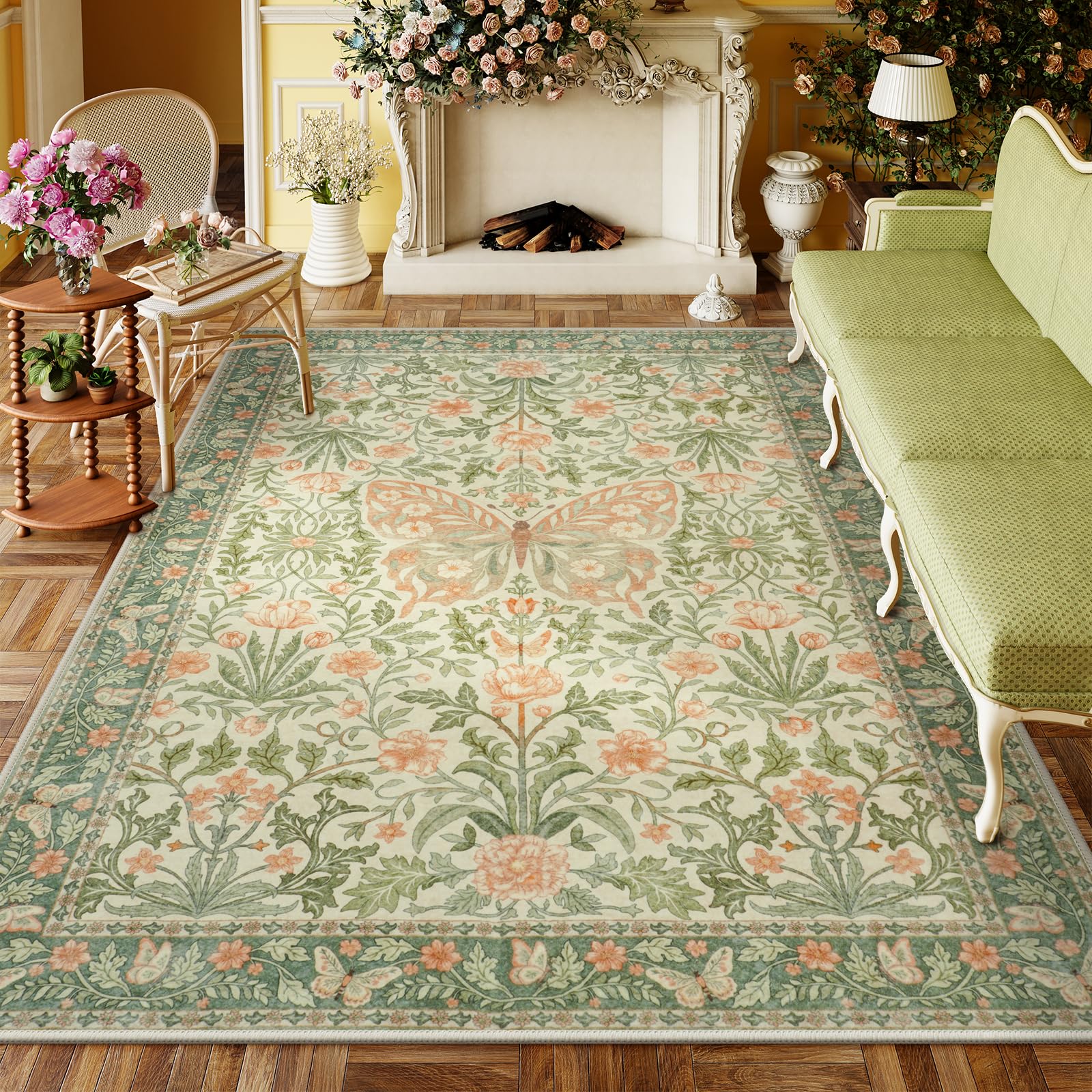 Vintage Floral Rug for Girls Bedroom Washable Non Slip, Soft Ultra Thin Boho Insect Carpet