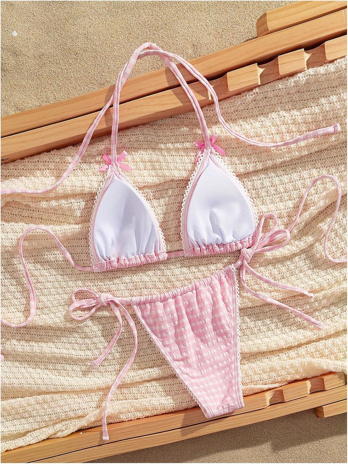 Women's Plaid Bow Bikini SetHalter String Triangle Thong 2 Piece Swimsuits