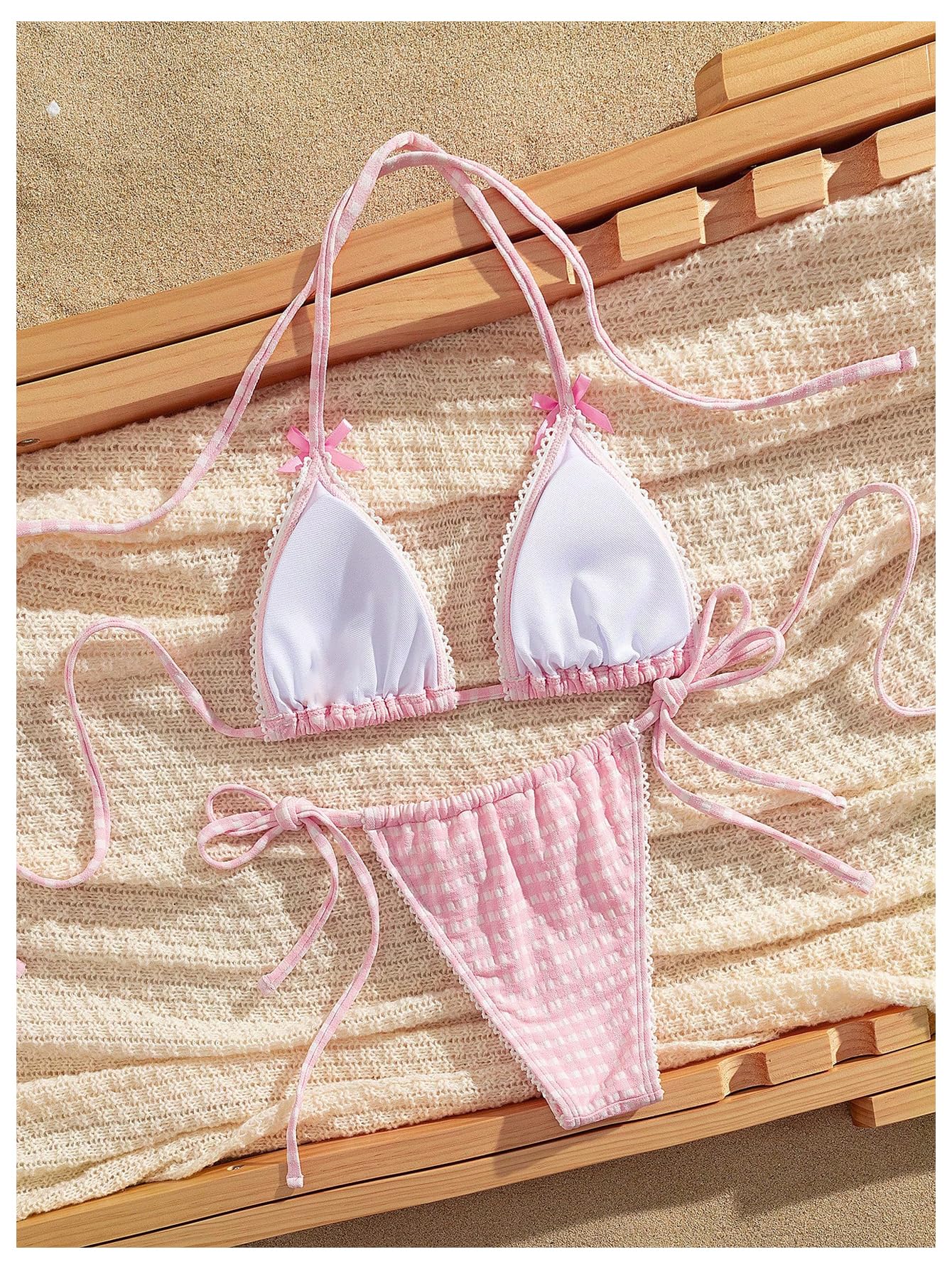 Women's Plaid Bow Bikini SetHalter String Triangle Thong 2 Piece Swimsuits