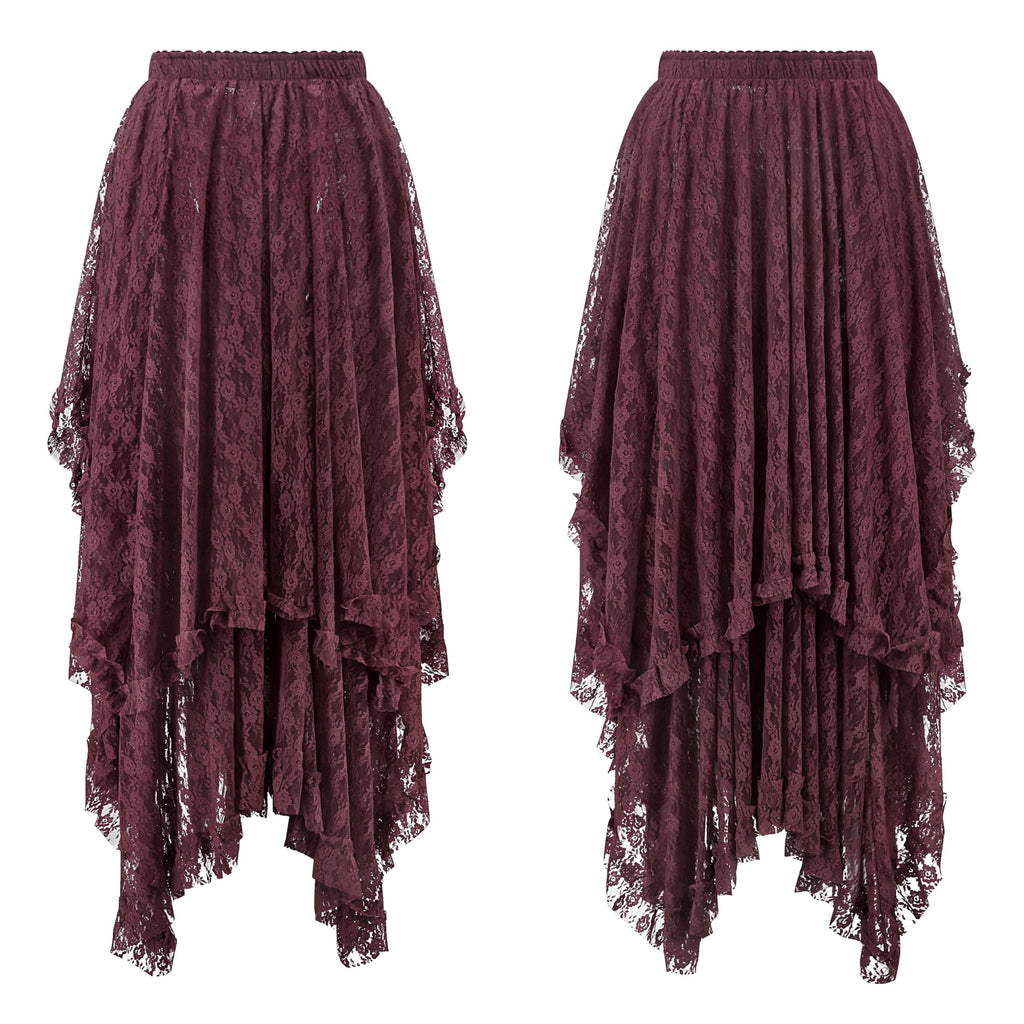 Women Lace Long Skirts Summer Elastic Asymmetrical Layered Hem Sexy See-Through Beach Floral Maxi Skirts