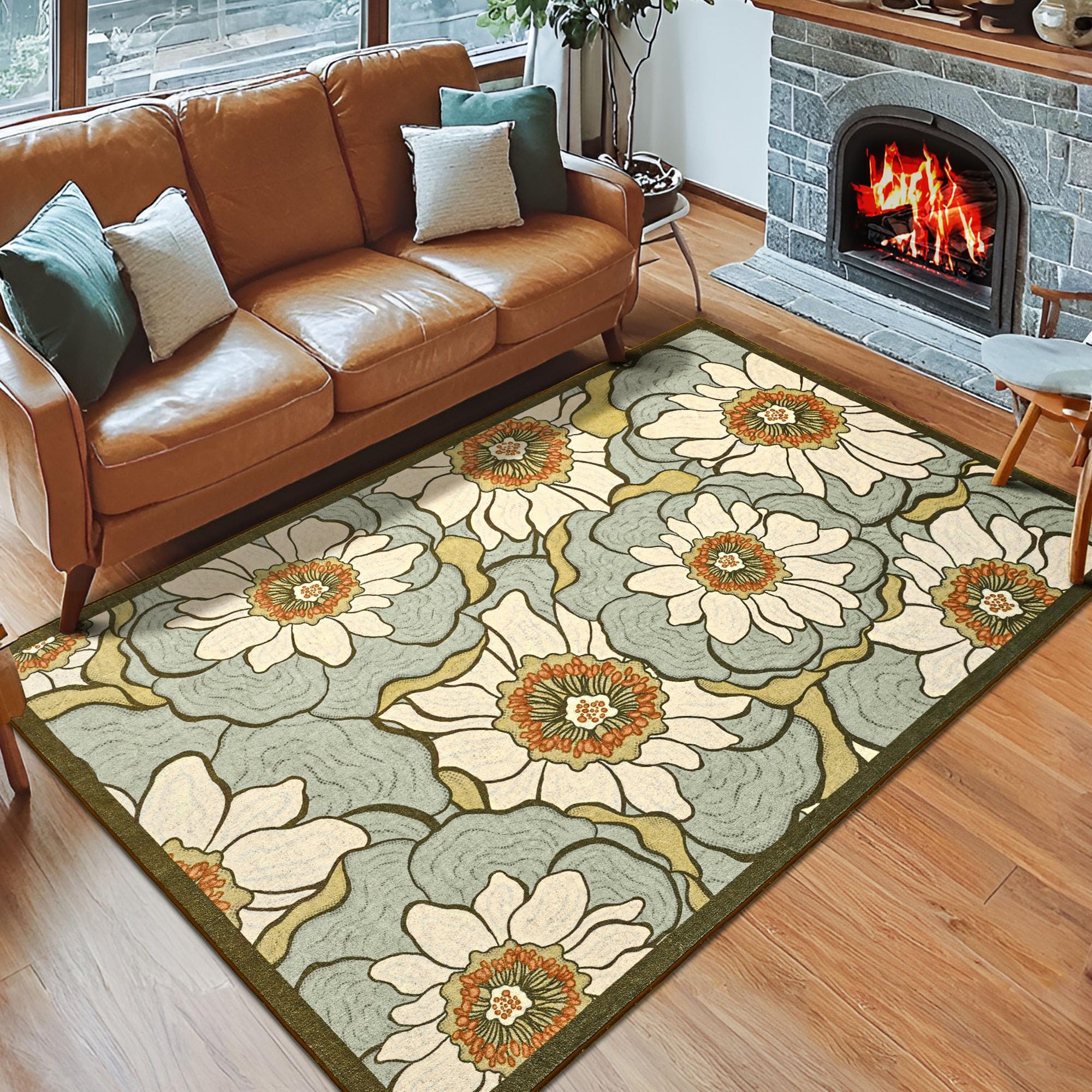 Faux Wool Boho Floral Area Rug Abstract Print Soft Carpet, TPR Non-Slip Backing, Machine Washable Low Pile Rug