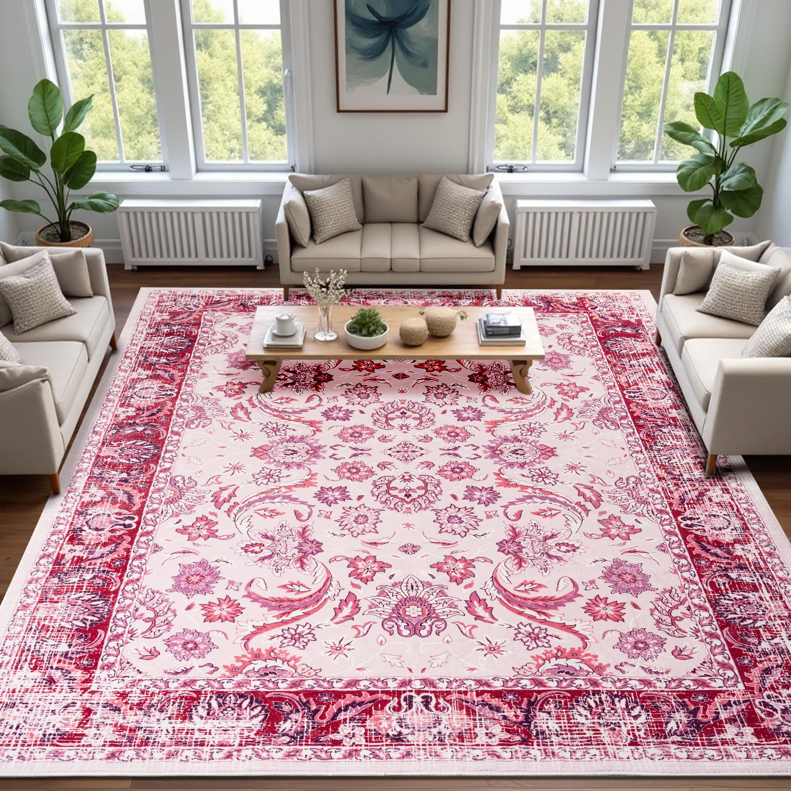 Washable Area Rugs Door Mat Entryway Vintage Floral Non-Slip Low Pile Entrance Thin Rug Carpet for Kitchen Bathroom Living Room Pink