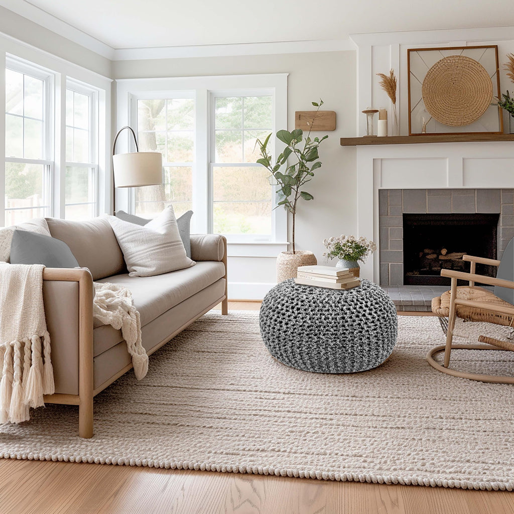 Hand-Knitted Cotton Round Pouf â€?Braid Cord Ottoman, Footrest, and Accent Seat for Living Room, Nursery, Kids Room, or Dorm Décor â€?20x14