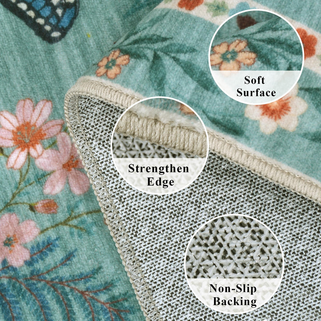 Insect Floral Area Rug, Machine Washable Area Rug Non-Slip Low Pile Large Bedroom Rug Stain Resistant Throw Rug Carpet