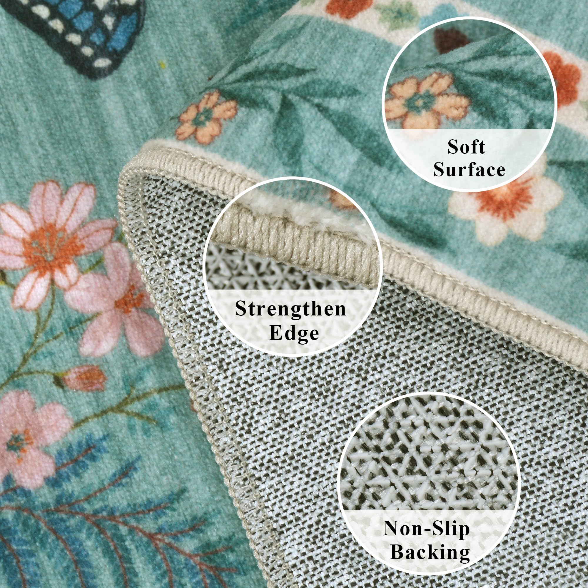 Insect Floral Area Rug, Machine Washable Area Rug Non-Slip Low Pile Large Bedroom Rug Stain Resistant Throw Rug Carpet