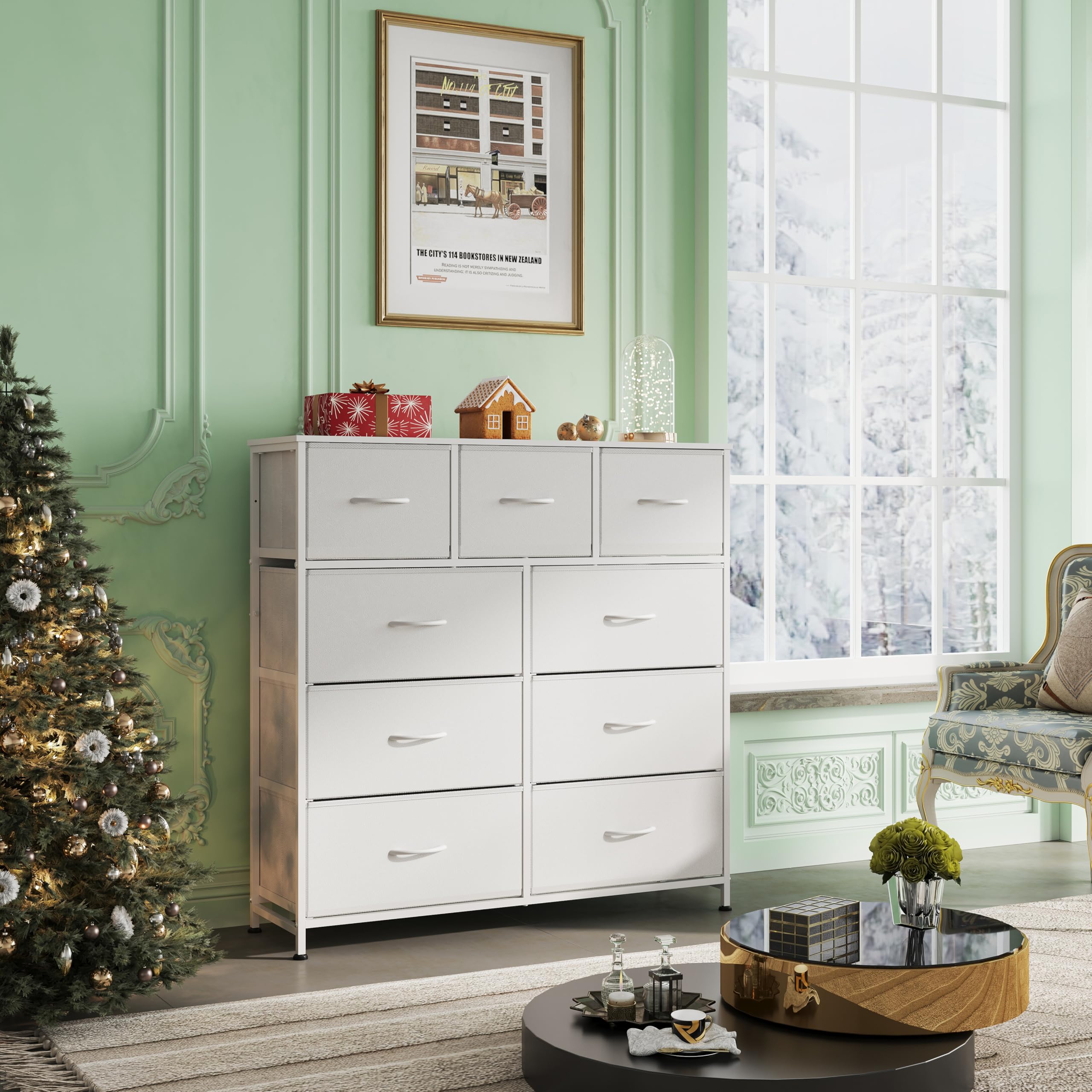 Drawer Fabric 9 Dresser â€?Tall Storage Tower with Bins, Steel Frame, and Wood Top