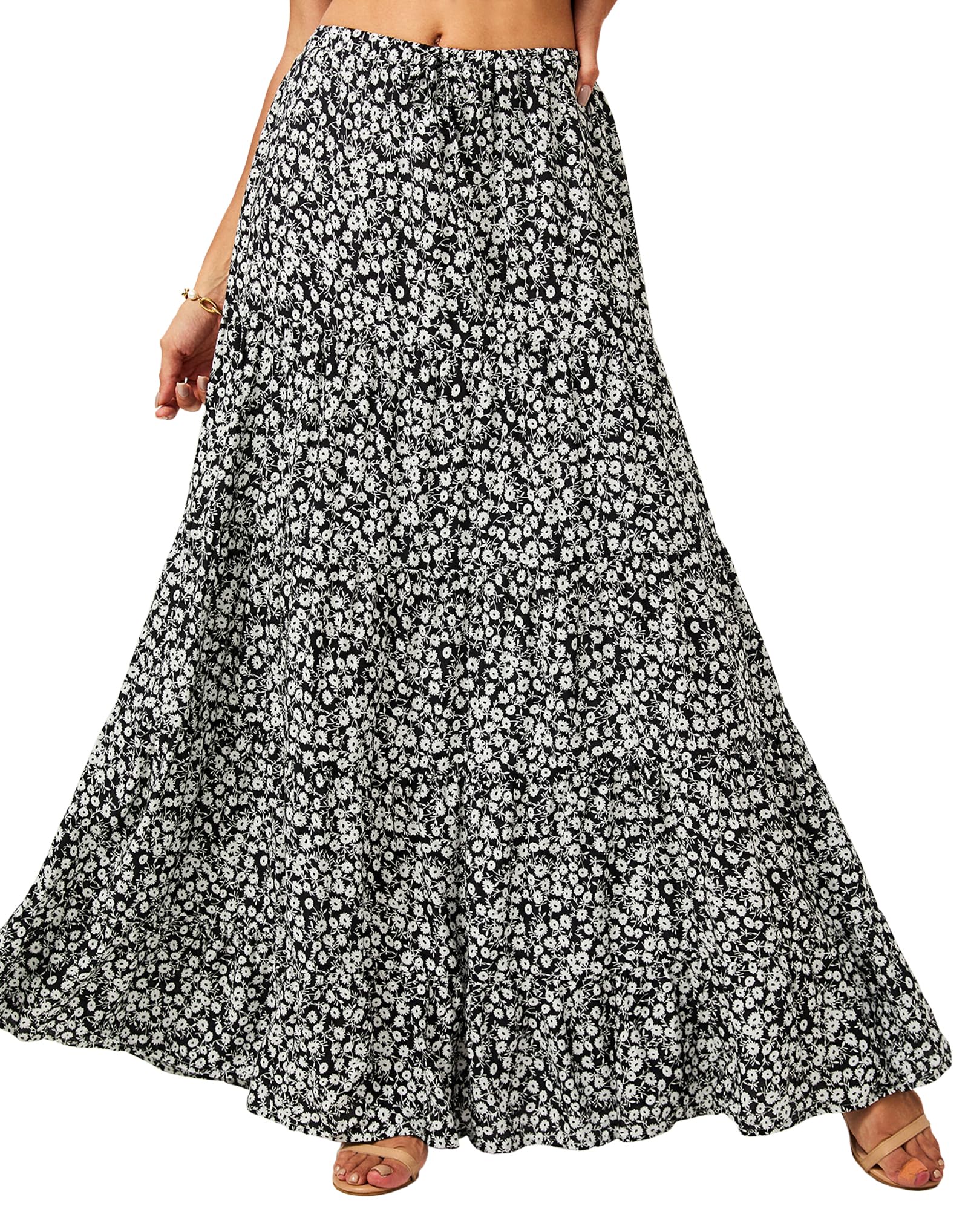 Women's Casual High Elastic Waist Ruffle Boho Pleated A-line Long Maxi Skirt
