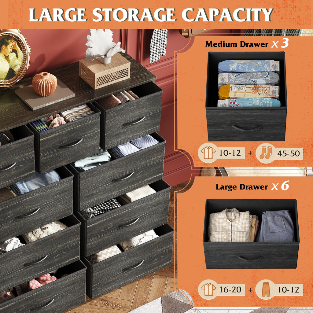 Drawer Fabric 9 Dresser â€?Tall Storage Tower with Bins, Steel Frame, and Wood Top