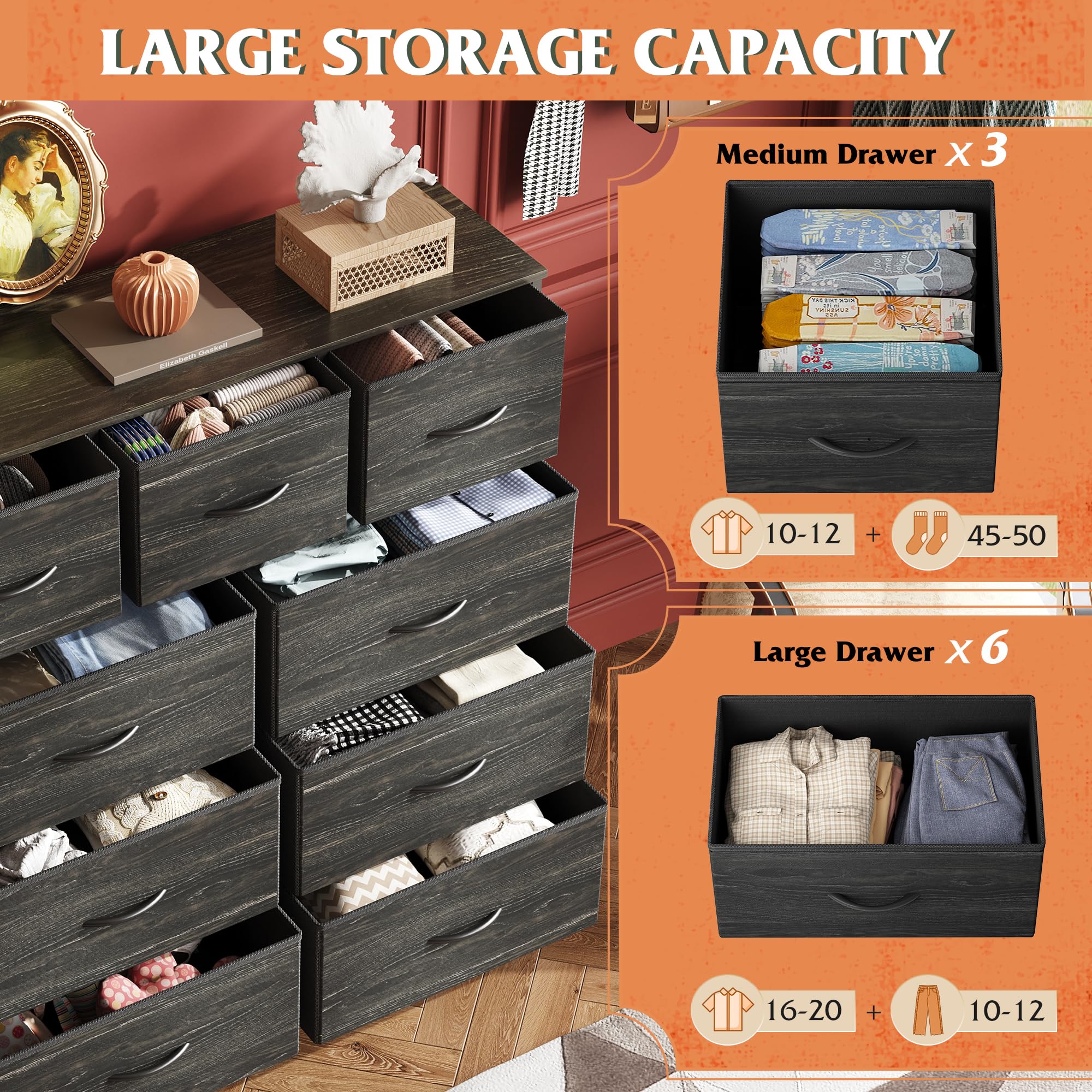 Drawer Fabric 9 Dresser â€?Tall Storage Tower with Bins, Steel Frame, and Wood Top