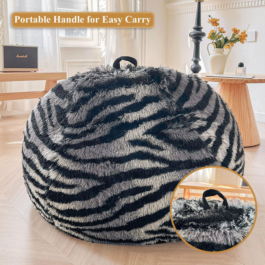 Faux Fur Leopard Print Bean Bag Chair Cover (No Filler), Fluffy Stuffed Animal Storage Cheetah Bean Bag Home Decor, Furry Fuzzy Big Beanbag Cover, Anti-Slip