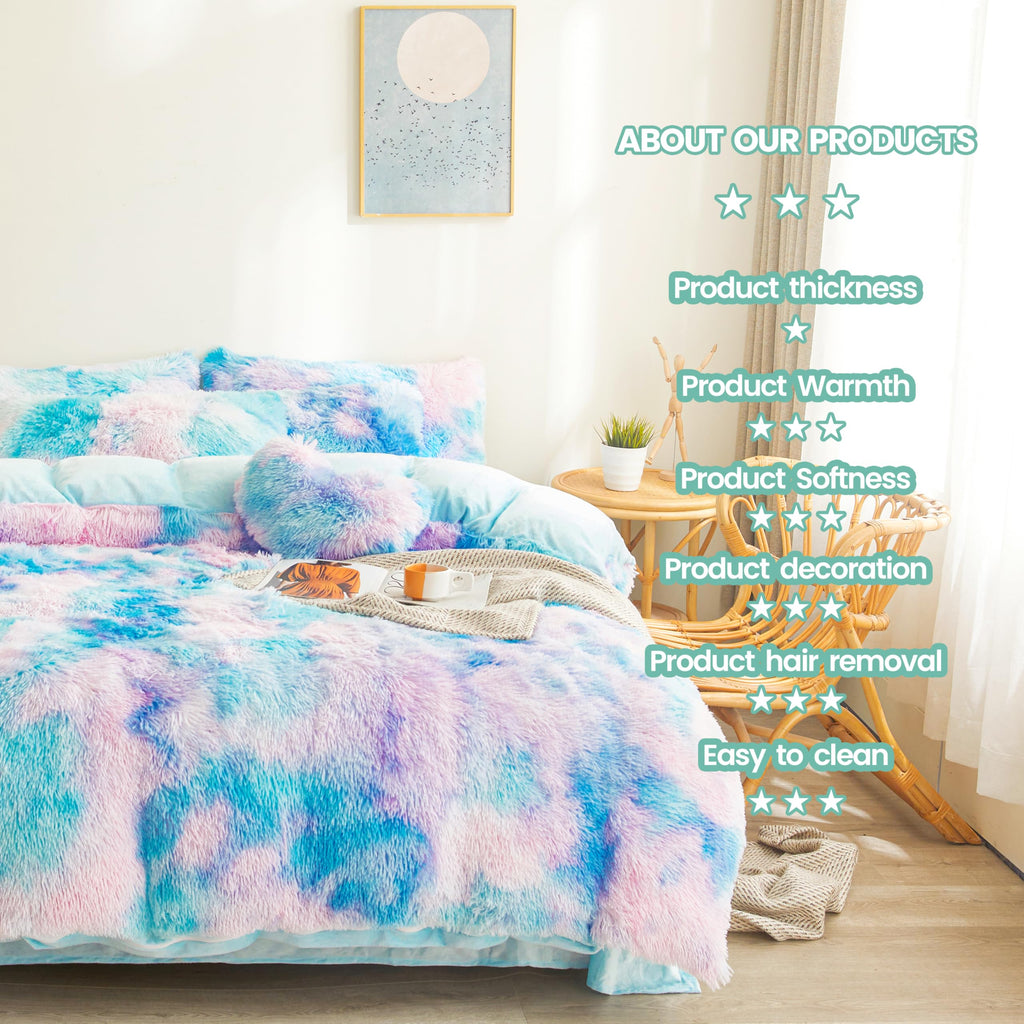Fluffy Faux Fur Comforter Cover Set Queen - Ultra Soft Plush Bedding Sets 3 Pieces (1 Fluffy Duvet Cover + 2 Faux Fur Pillow case) Cute Bed Set