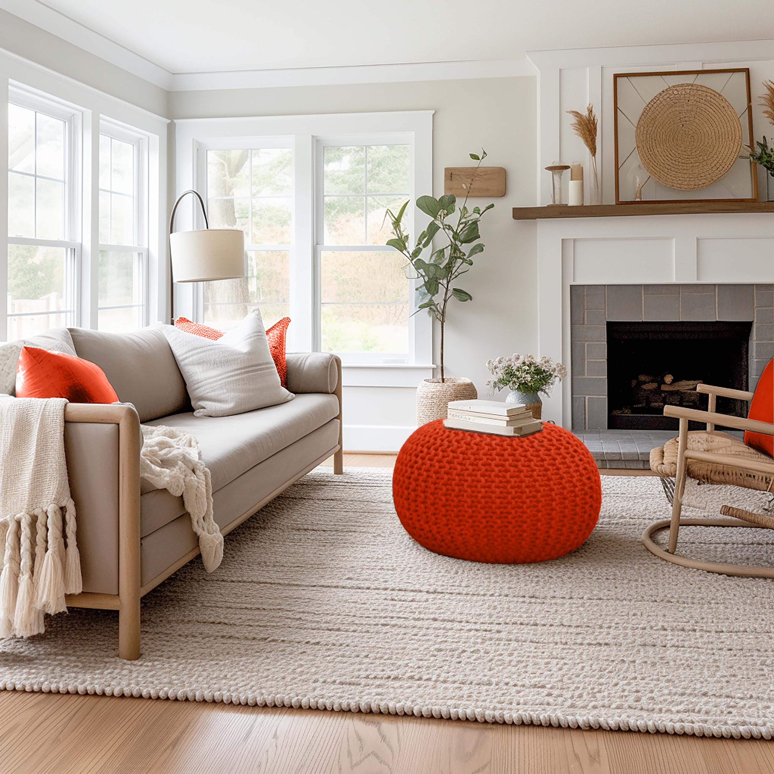 Hand-Knitted Cotton Round Pouf â€?Braid Cord Ottoman, Footrest, and Accent Seat for Living Room, Nursery, Kids Room, or Dorm Décor â€?20x14