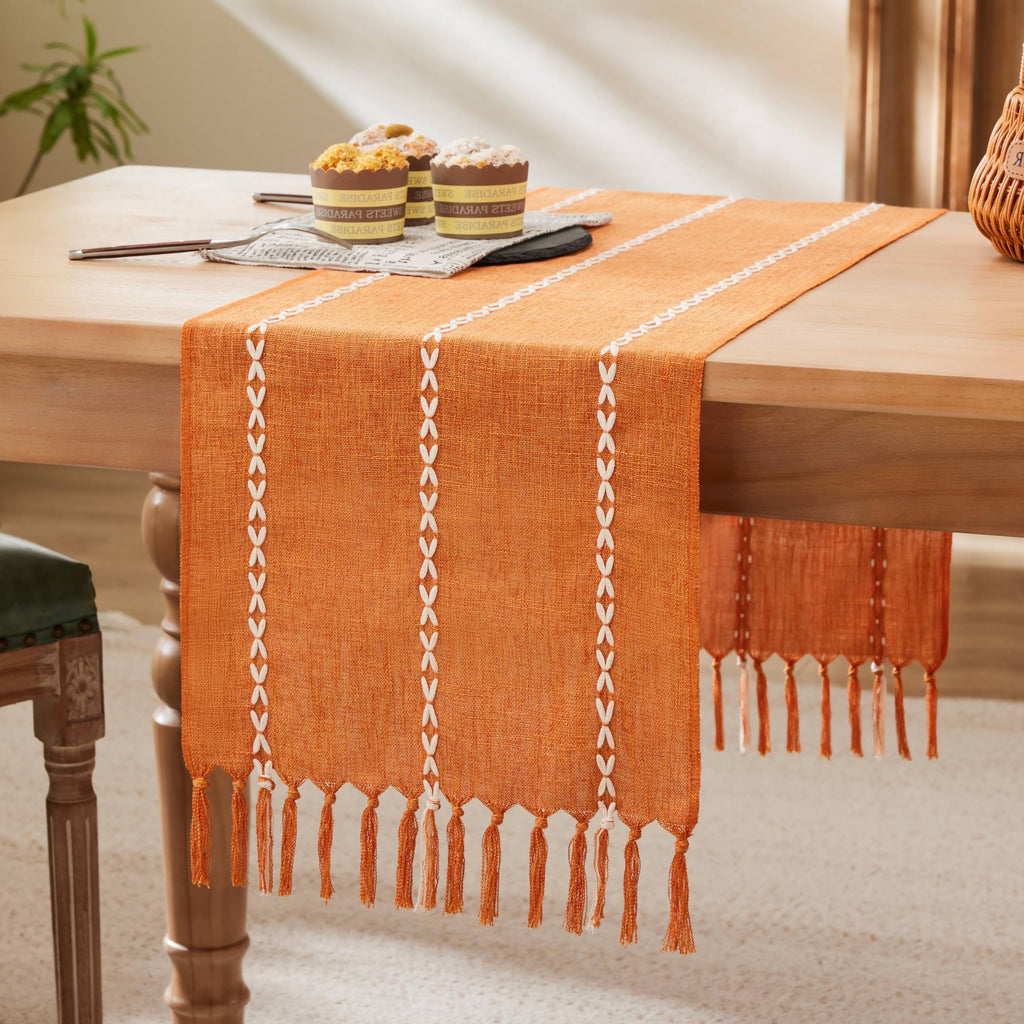 Cotton Linen Table Runners Long, Embroidered Striped Pink Boho Table Runner Rustic Home Decor