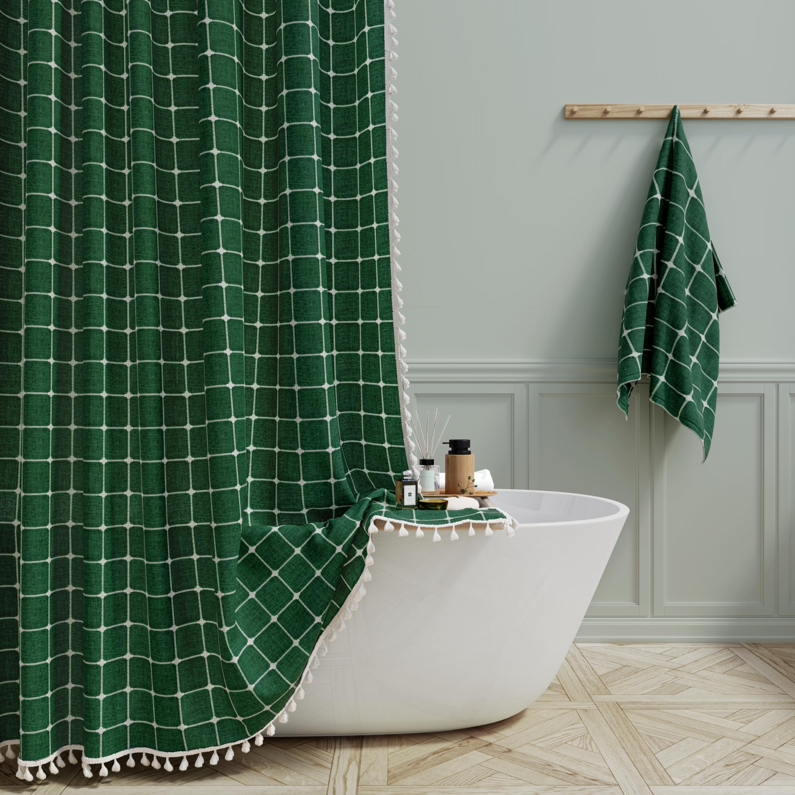 Vintage Boho Shower Curtain - Linen Rustic Heavy Duty Fabric with Tassel, Water Repellent