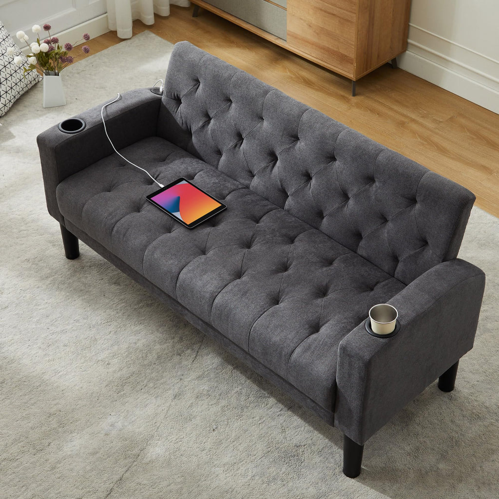 Velvet Loveseat Sofa w/ 2 USB Charger Ports and 2 Cupholders, Mid-Century Modern Tufted