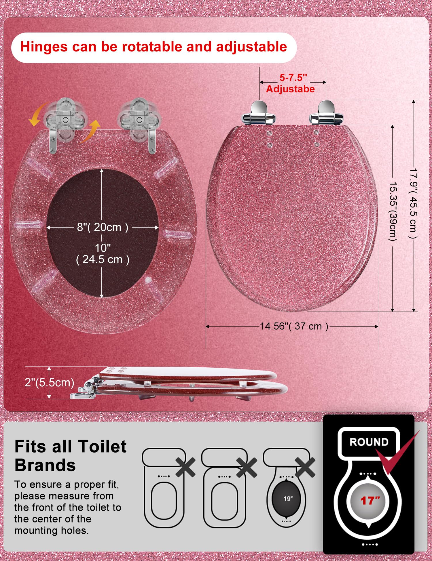 Round Resin Toilet Seat Glitter Soft Close Quick Release Metal Zinc Alloy Hinge Easy to Install also Easy to Clean, Decorative Acrylic Seats (17 Inch)