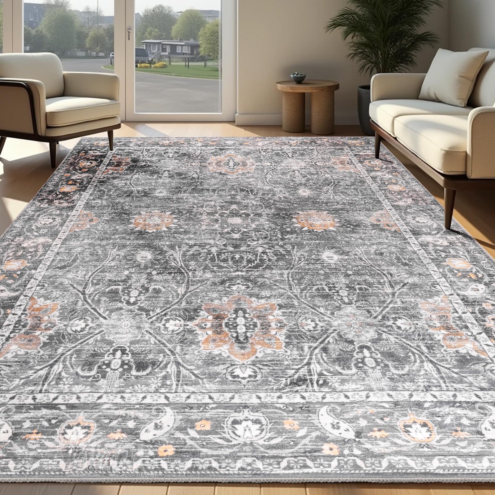 Washable Area Rugs Door Mat Entryway Vintage Floral Non-Slip Low Pile Entrance Thin Rug Carpet for Kitchen Bathroom Living Room Pink