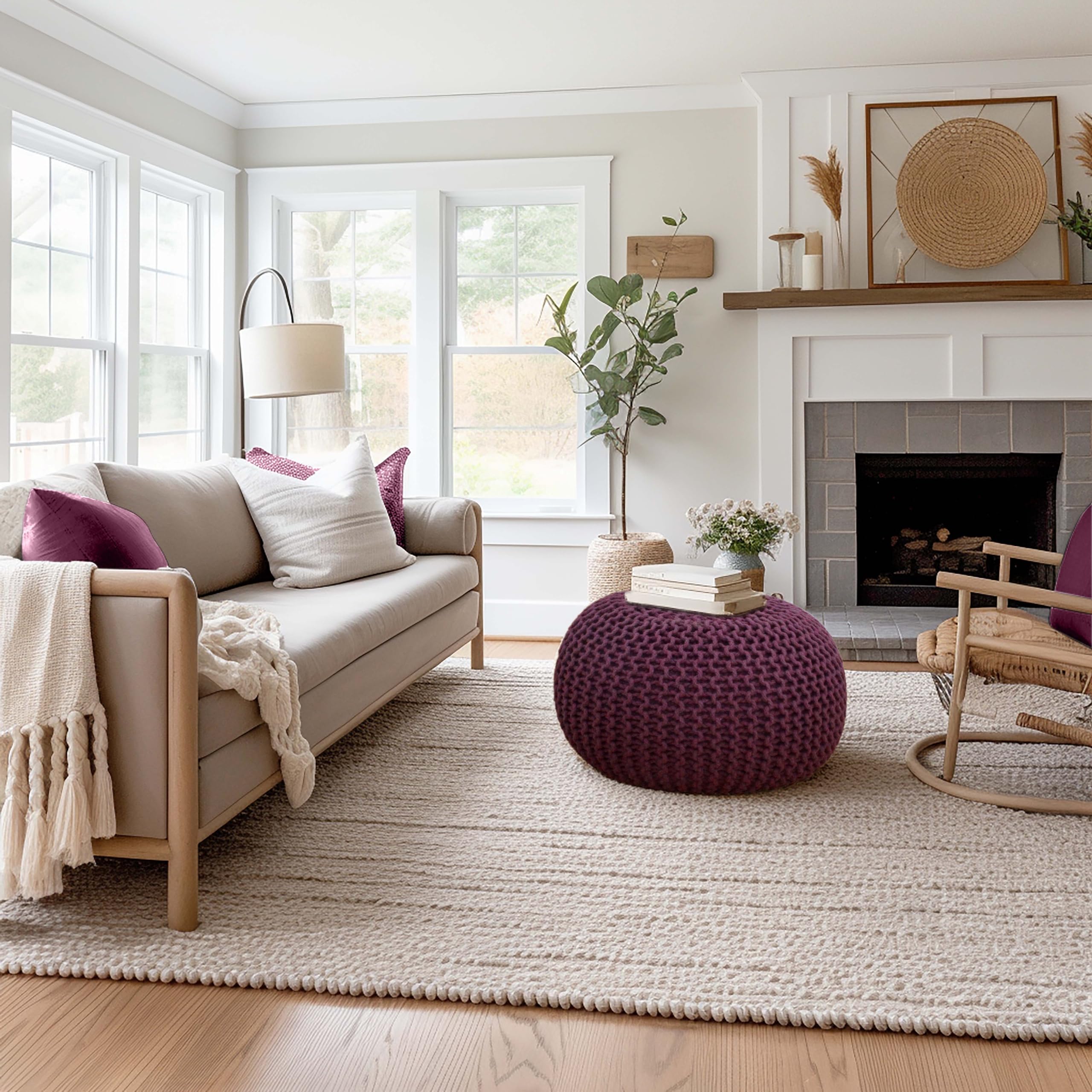 Hand-Knitted Cotton Round Pouf â€?Braid Cord Ottoman, Footrest, and Accent Seat for Living Room, Nursery, Kids Room, or Dorm Décor â€?20x14