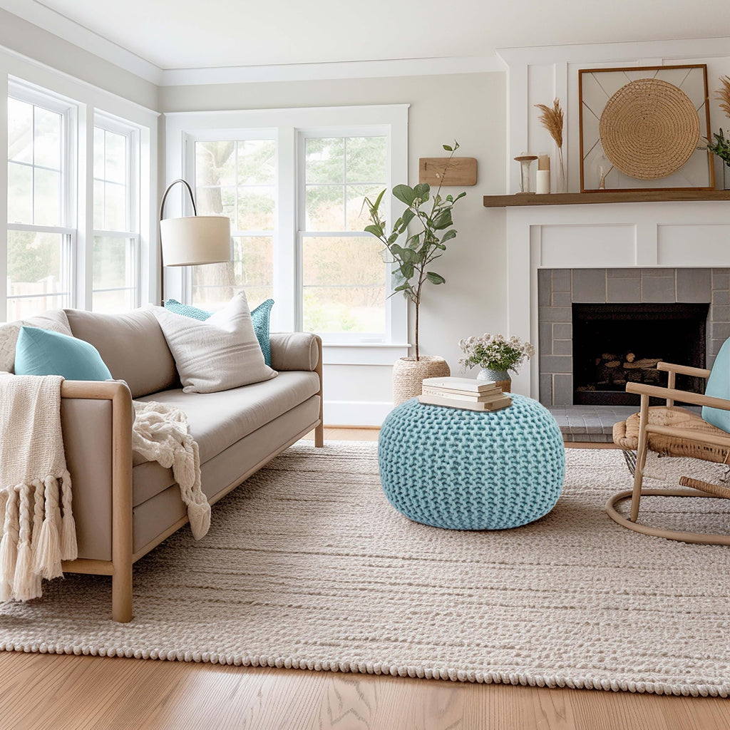 Hand-Knitted Cotton Round Pouf â€?Braid Cord Ottoman, Footrest, and Accent Seat for Living Room, Nursery, Kids Room, or Dorm Décor â€?20x14