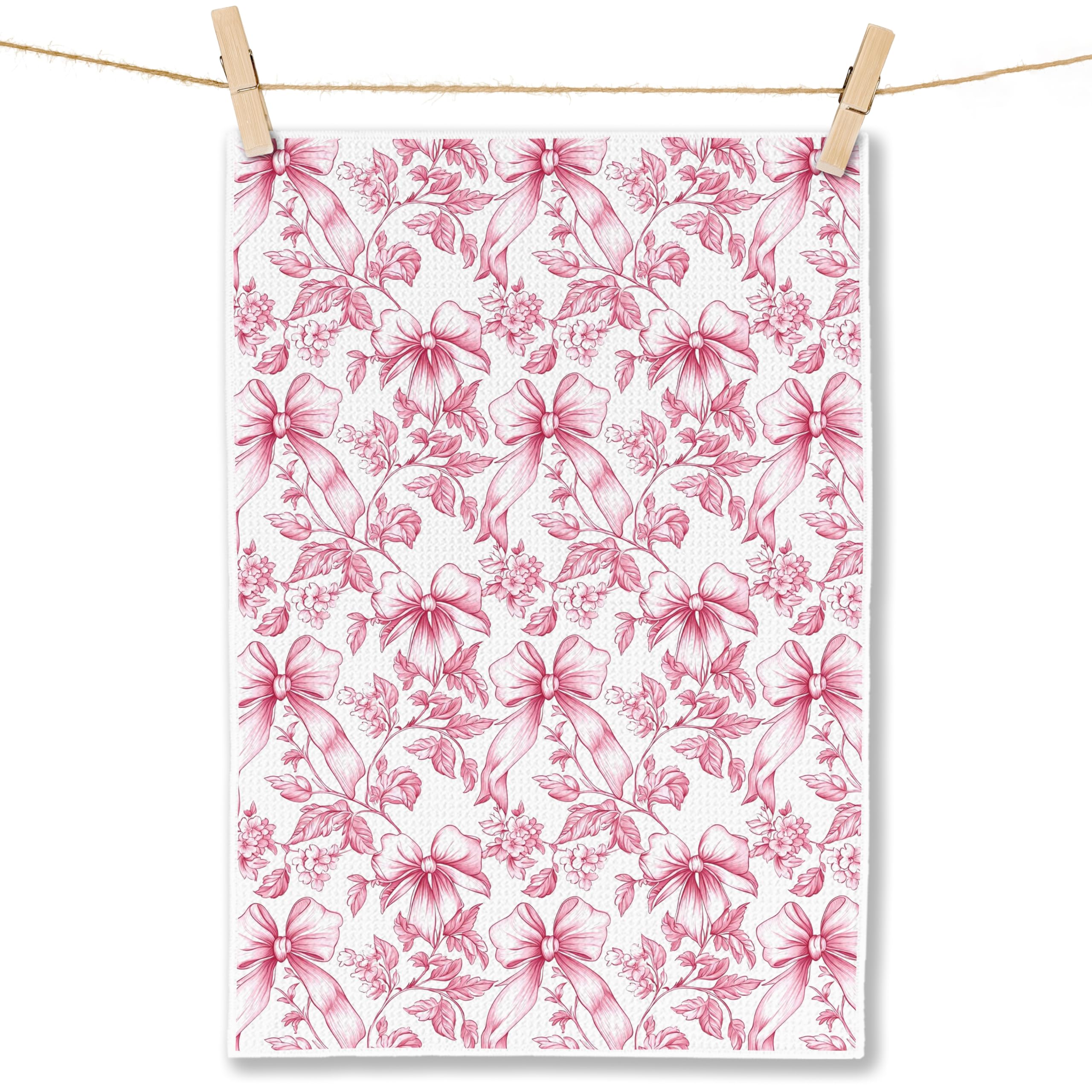 Coquette Bow Floral Kitchen Towels, Preppy Bow Dish Tea Towels for Kitchen Decor, Rustic Cottagecore Botanical Hand Towels for Bathroom Decor, 16x24 Inch