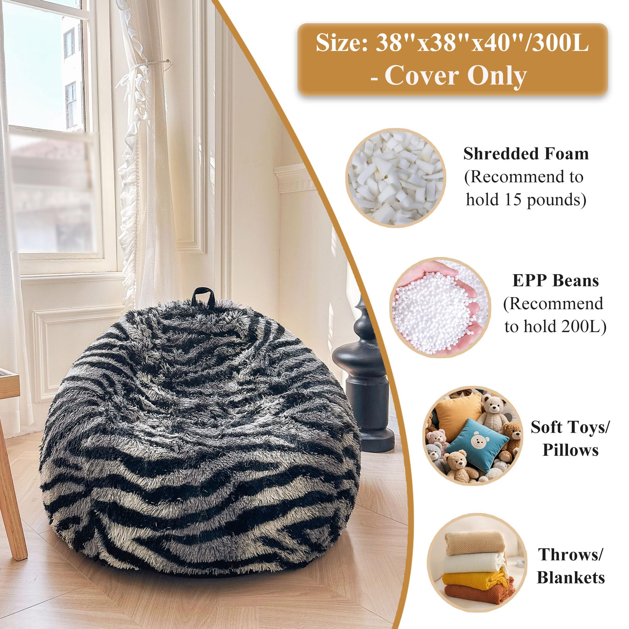 Faux Fur Leopard Print Bean Bag Chair Cover (No Filler), Fluffy Stuffed Animal Storage Cheetah Bean Bag Home Decor, Furry Fuzzy Big Beanbag Cover, Anti-Slip