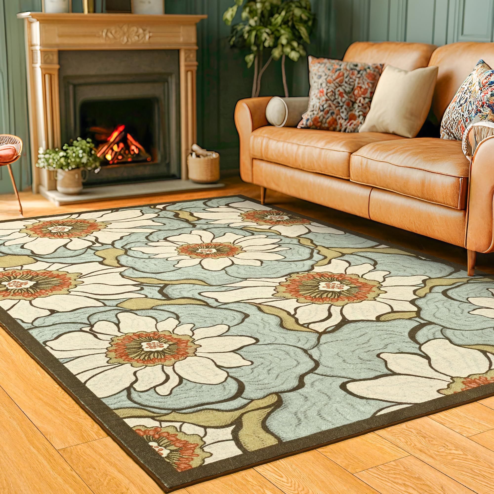 Faux Wool Boho Floral Area Rug Abstract Print Soft Carpet, TPR Non-Slip Backing, Machine Washable Low Pile Rug
