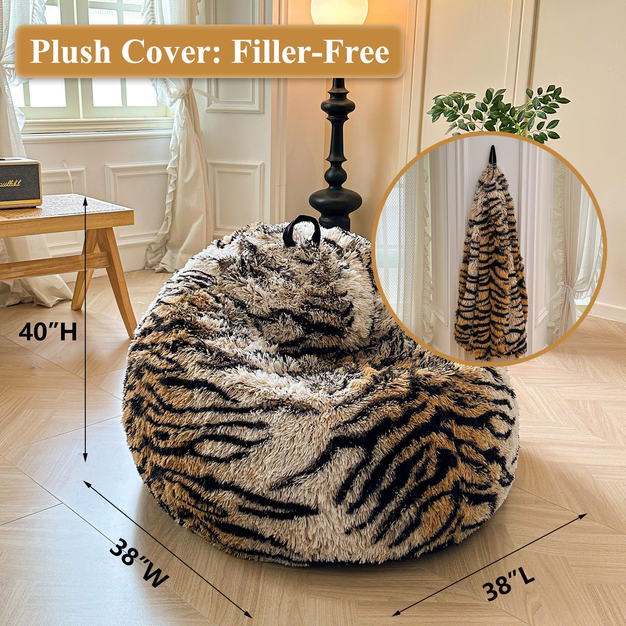 Faux Fur Leopard Print Bean Bag Chair Cover (No Filler), Fluffy Stuffed Animal Storage Cheetah Bean Bag Home Decor, Furry Fuzzy Big Beanbag Cover, Anti-Slip