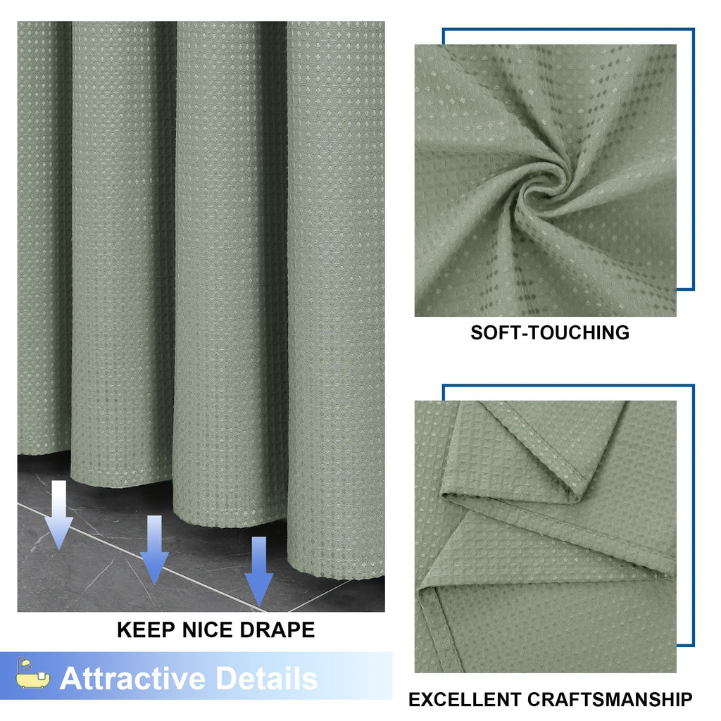 Waffle Textured Heavy Duty Fabric Shower Curtain for Bathroom, Luxury Hotel Weighted 230GSM Bath Curtain with 12 Plastic Hooks, Machine Washable, 72x72