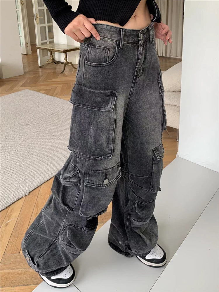 Street Multi-pocket Workwear Jeans For Women