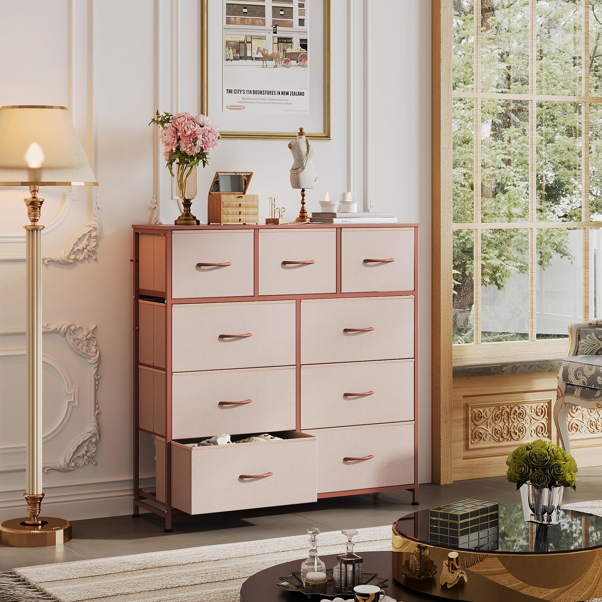 Drawer Fabric 9 Dresser â€?Tall Storage Tower with Bins, Steel Frame, and Wood Top