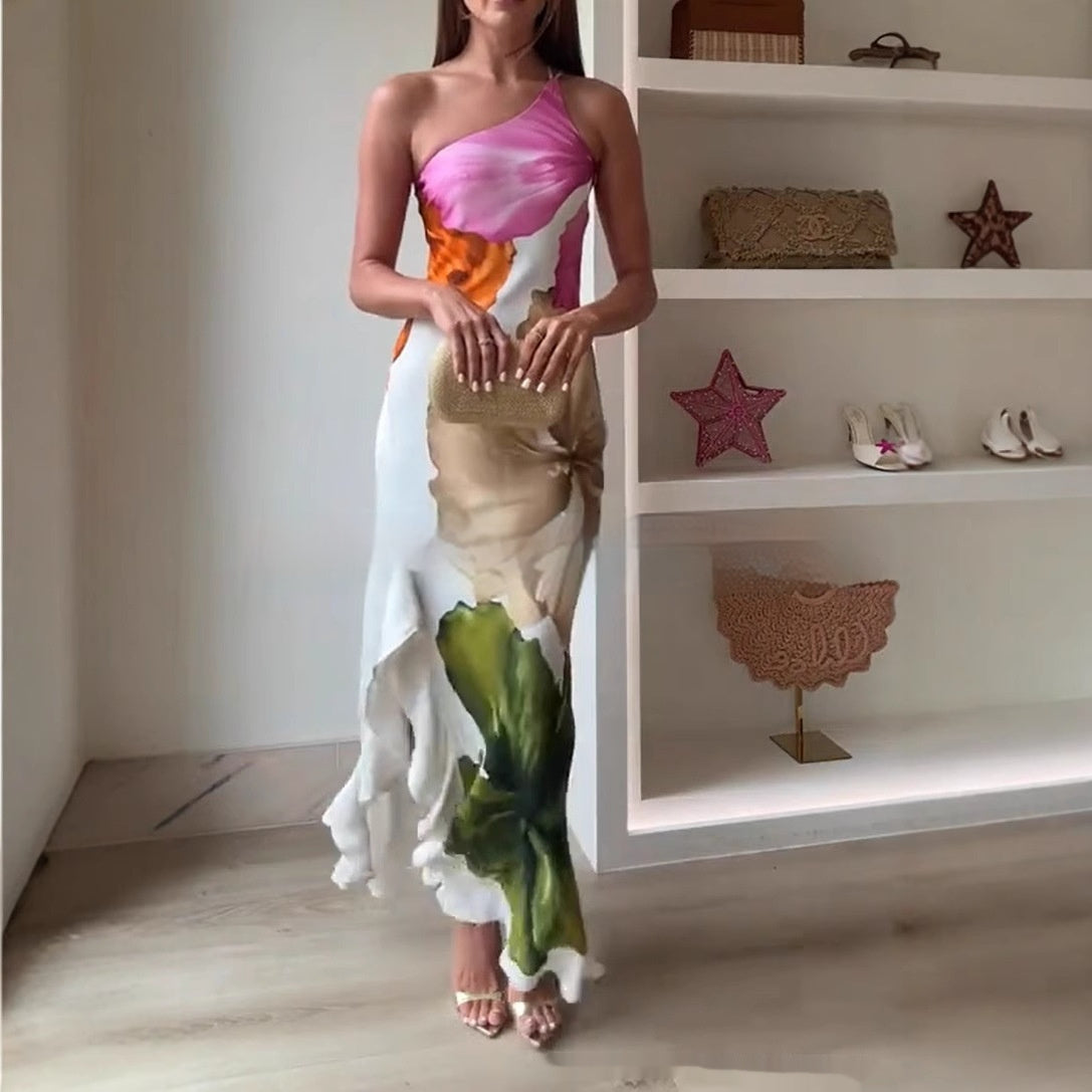 Women's Sexy One-shoulder Super Long Suspender Dress