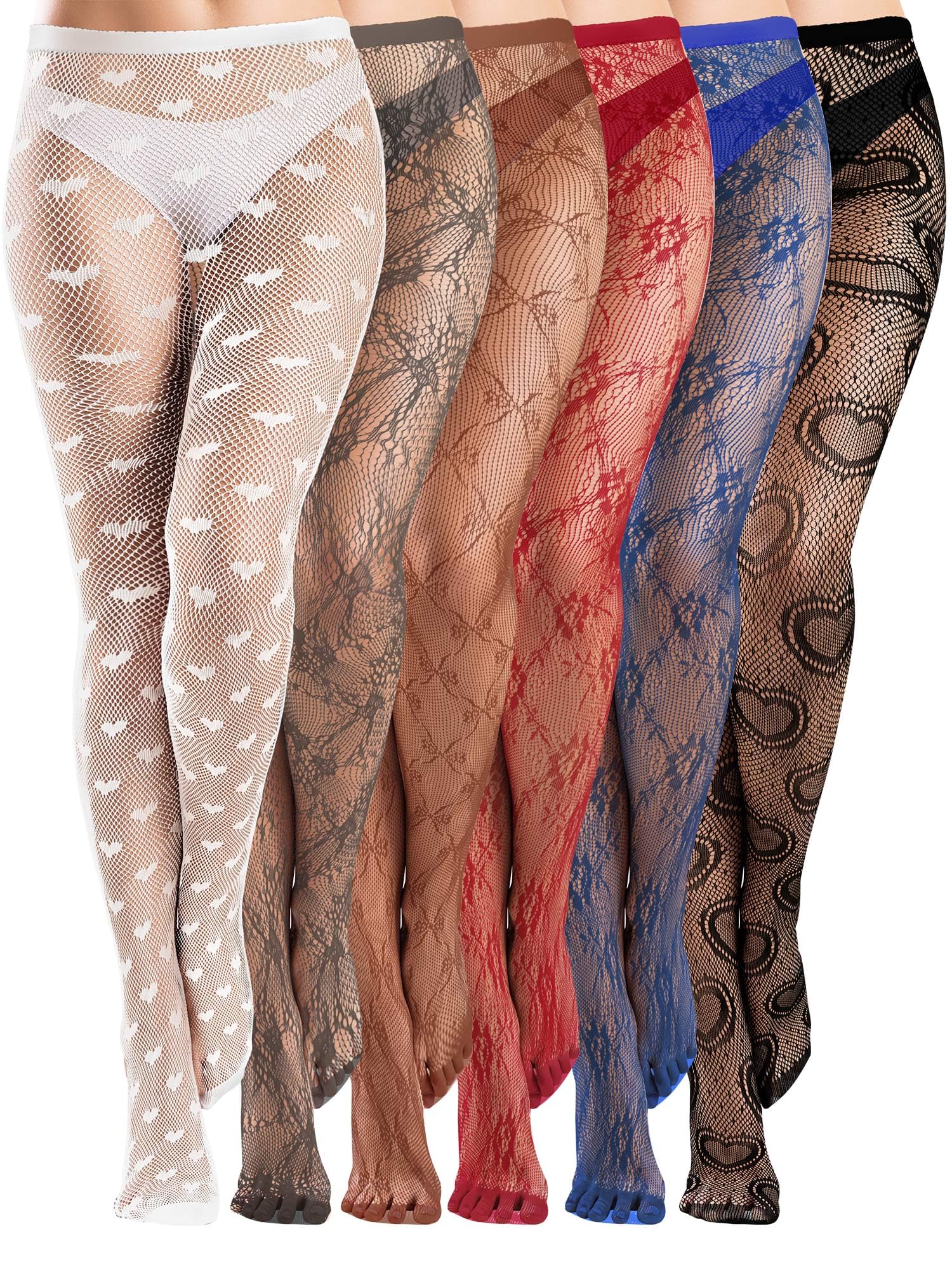 Coquettish 6 Pairs Women Fishnet Thigh High Stockings Waist Tights Bow Patterned lace Fishnet Leggings Pantyhose