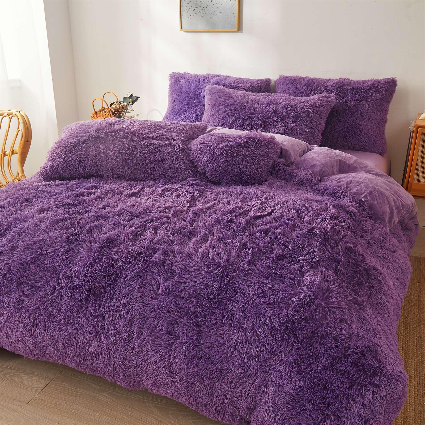 Fluffy Faux Fur Comforter Cover Set Queen - Ultra Soft Plush Bedding Sets 3 Pieces (1 Fluffy Duvet Cover + 2 Faux Fur Pillow case) Cute Bed Set