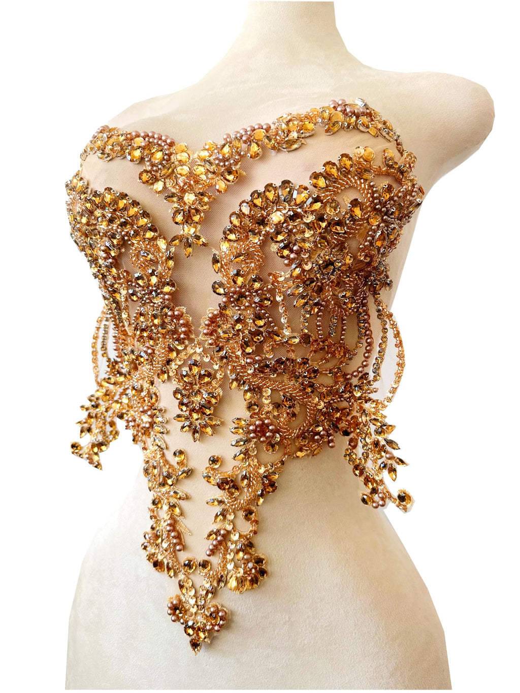 Handmade red/Blue/Gold/Green Rhinestones lace Bodice Applique Sewing Beads Crystal Trim Patches Accessory for Dress Clothes (Rose red)