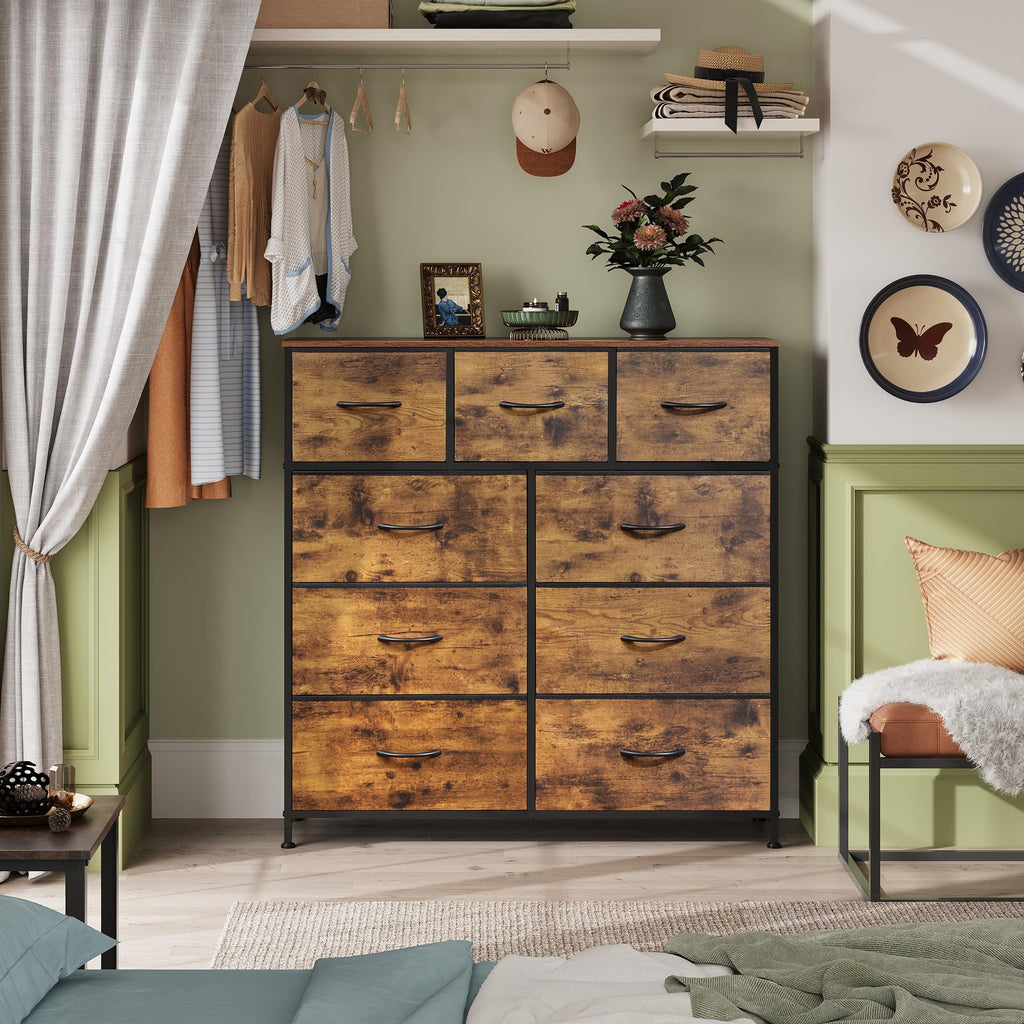 Drawer Fabric 9 Dresser â€?Tall Storage Tower with Bins, Steel Frame, and Wood Top