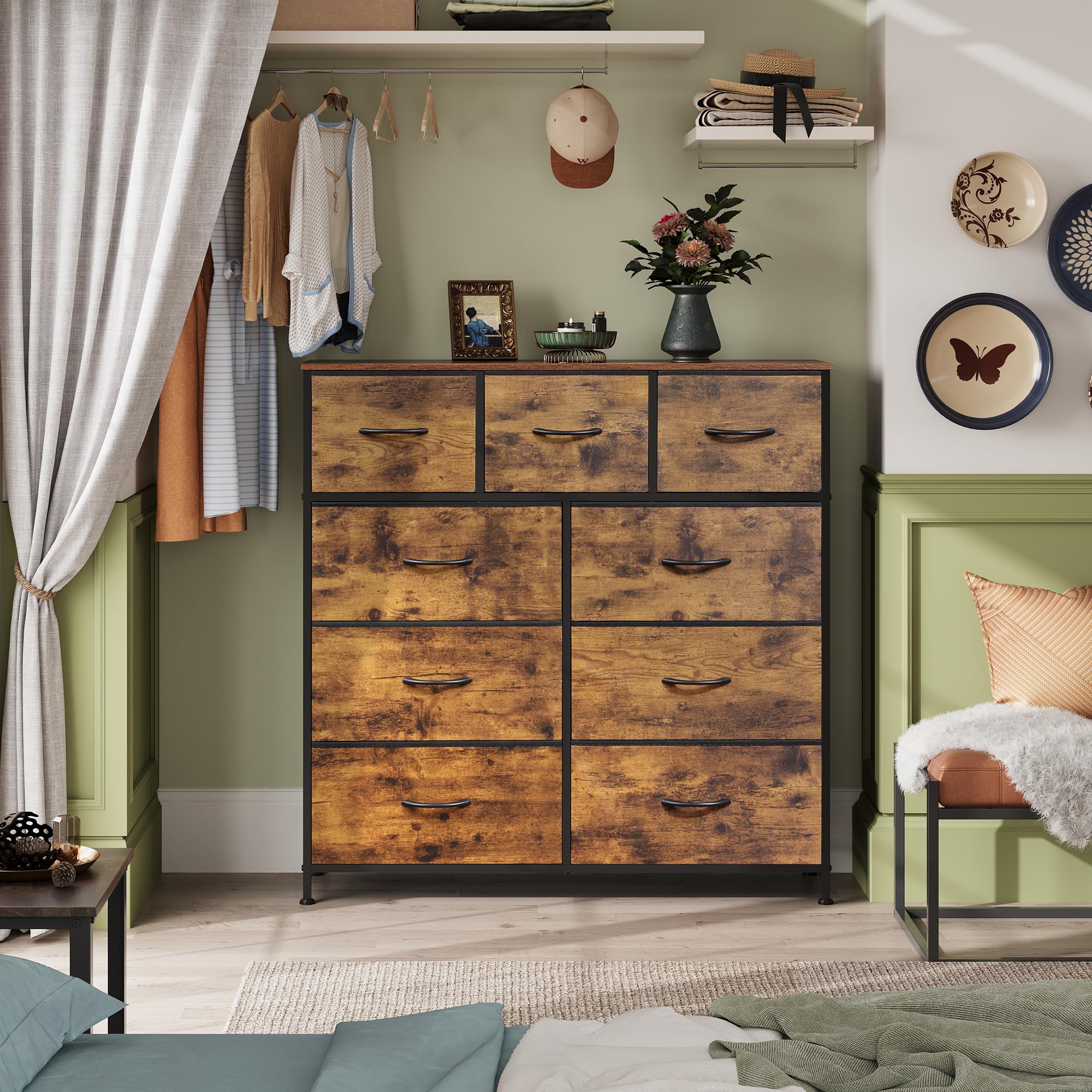 Drawer Fabric 9 Dresser â€?Tall Storage Tower with Bins, Steel Frame, and Wood Top